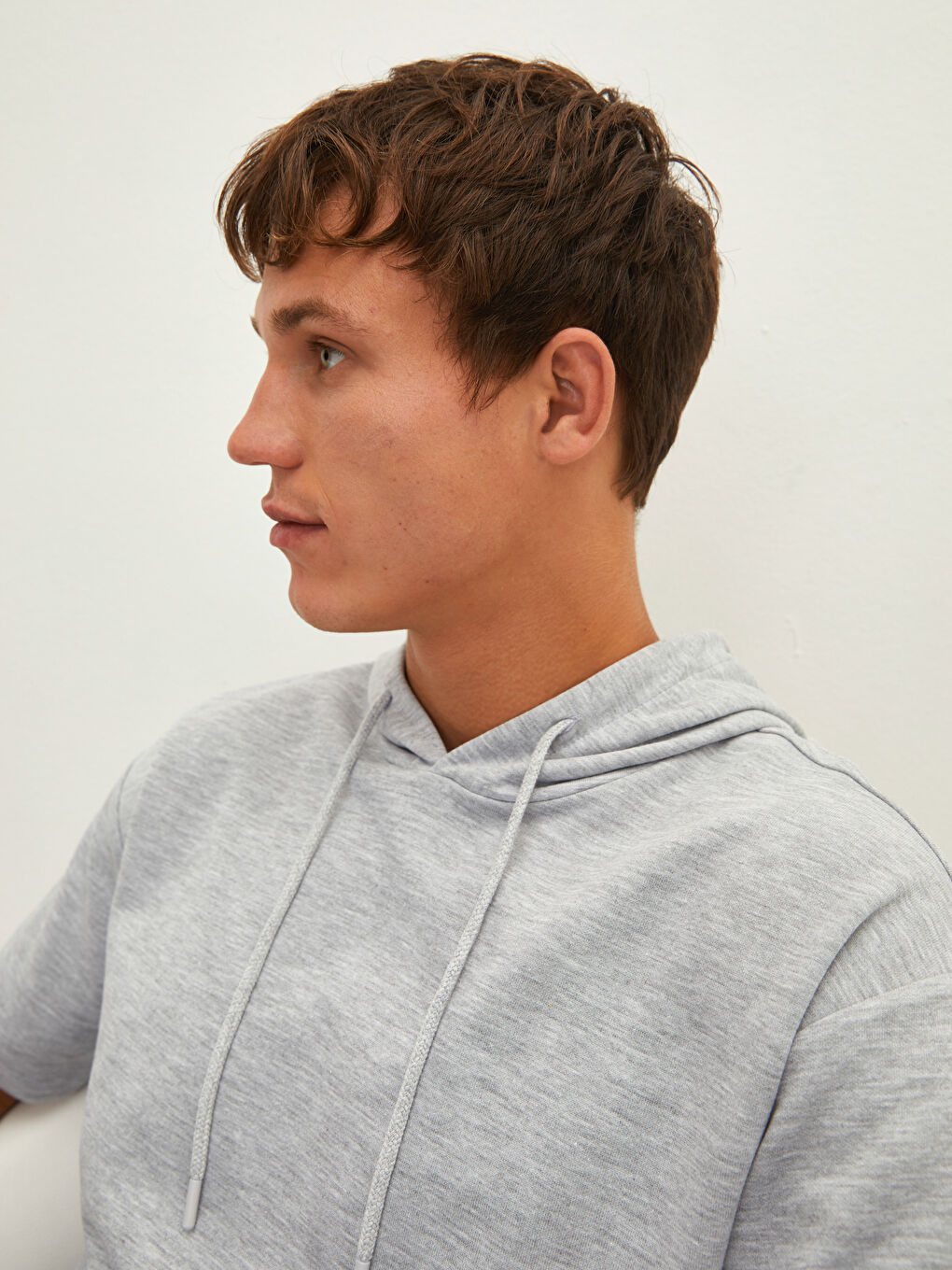 Gri Kısa Kollu Basic Kalın Erkek Hoodie-3