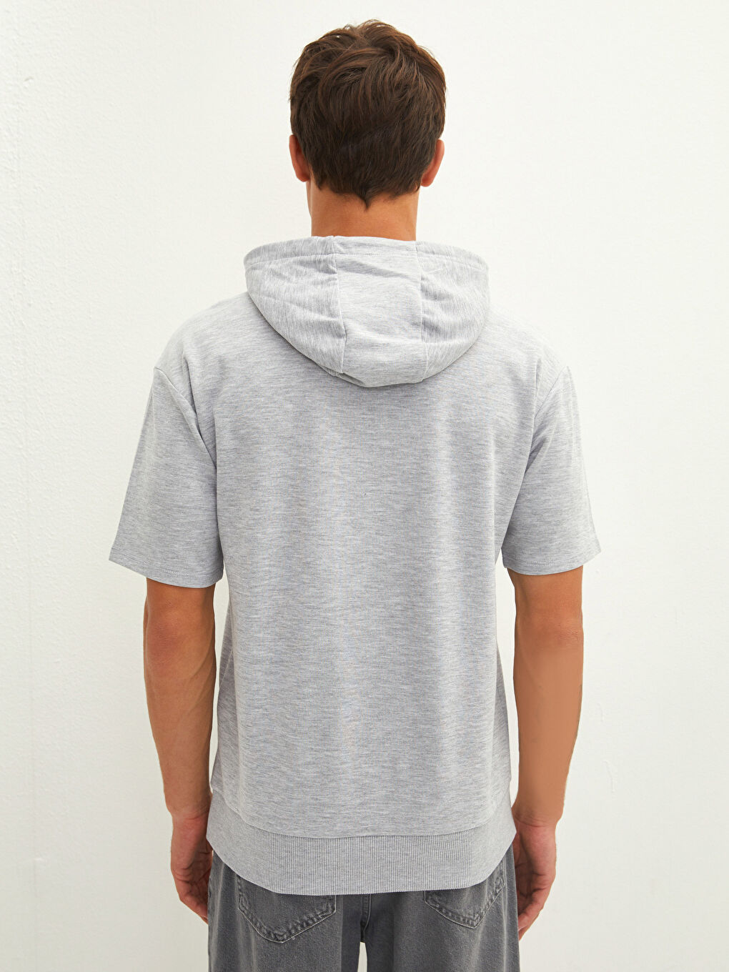 Gri Kısa Kollu Basic Kalın Erkek Hoodie-4
