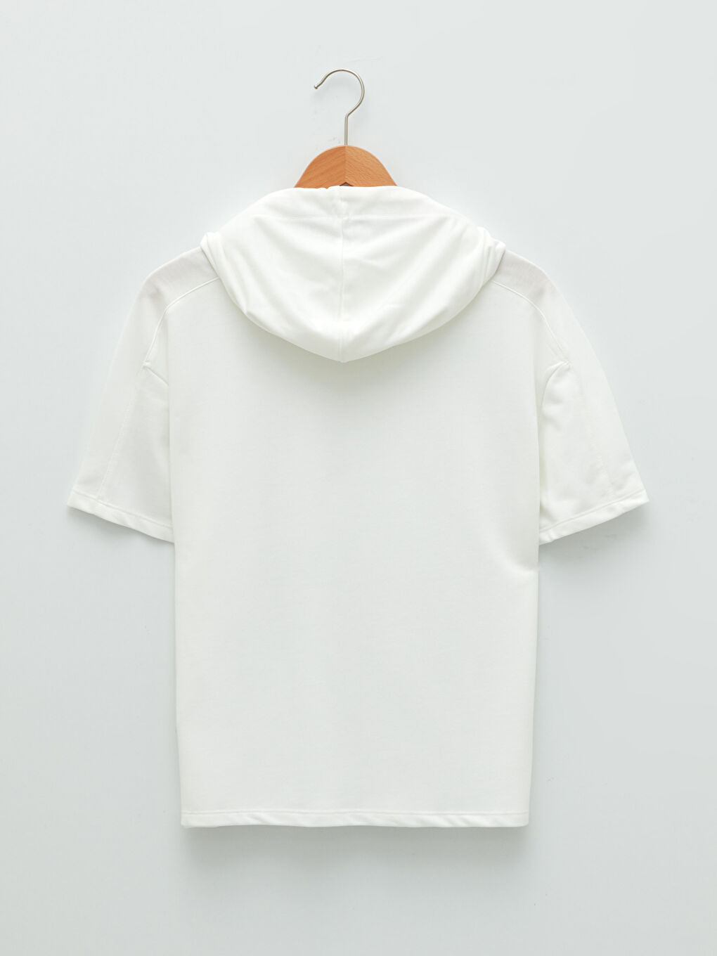 Ekru Kapüşon Yaka Düz Kısa Kollu Kadın Spor Tişört-5