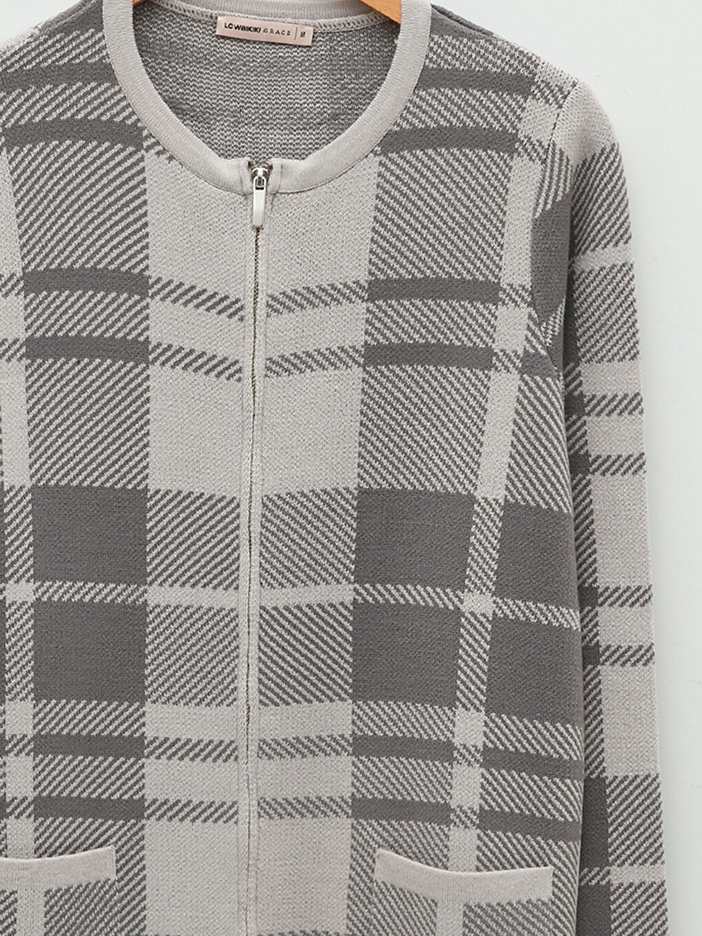 Gri Bisiklet Yaka Ekose Kadın Triko Hırka-7