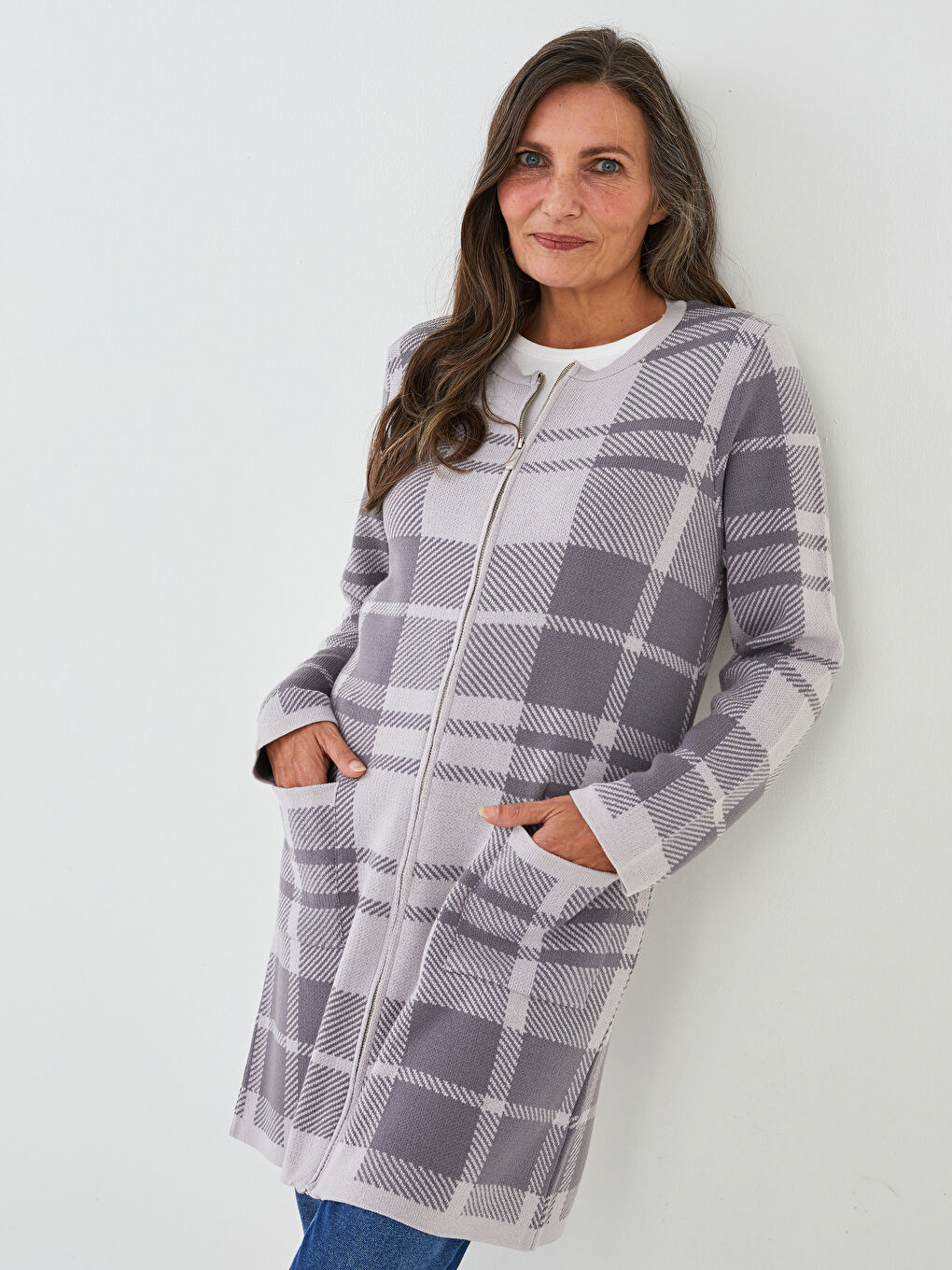 Gri Bisiklet Yaka Ekose Kadın Triko Hırka