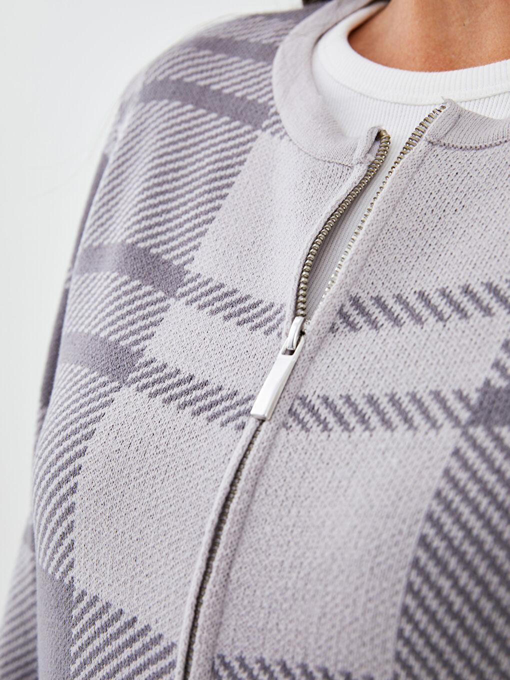 Gri Bisiklet Yaka Ekose Kadın Triko Hırka-2