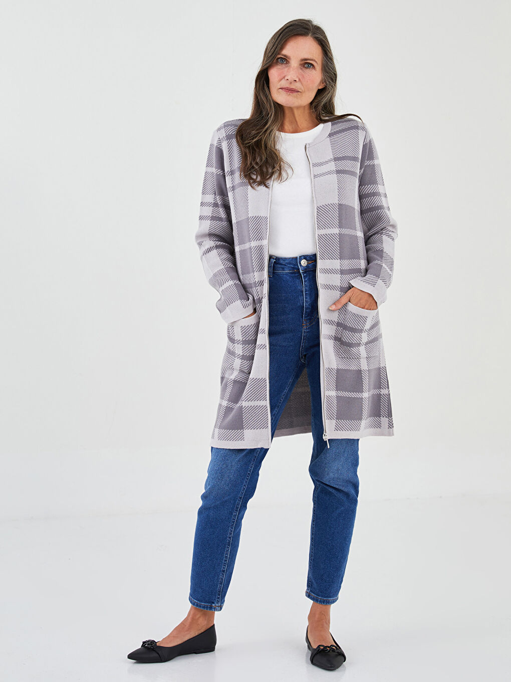 Gri Bisiklet Yaka Ekose Kadın Triko Hırka-3