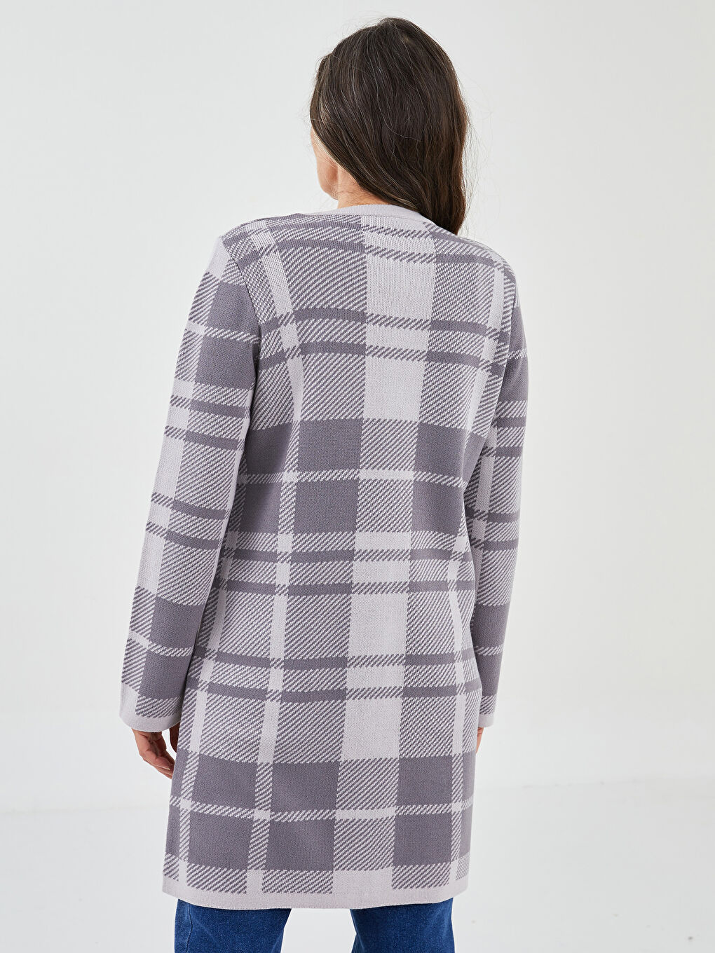 Gri Bisiklet Yaka Ekose Kadın Triko Hırka-4