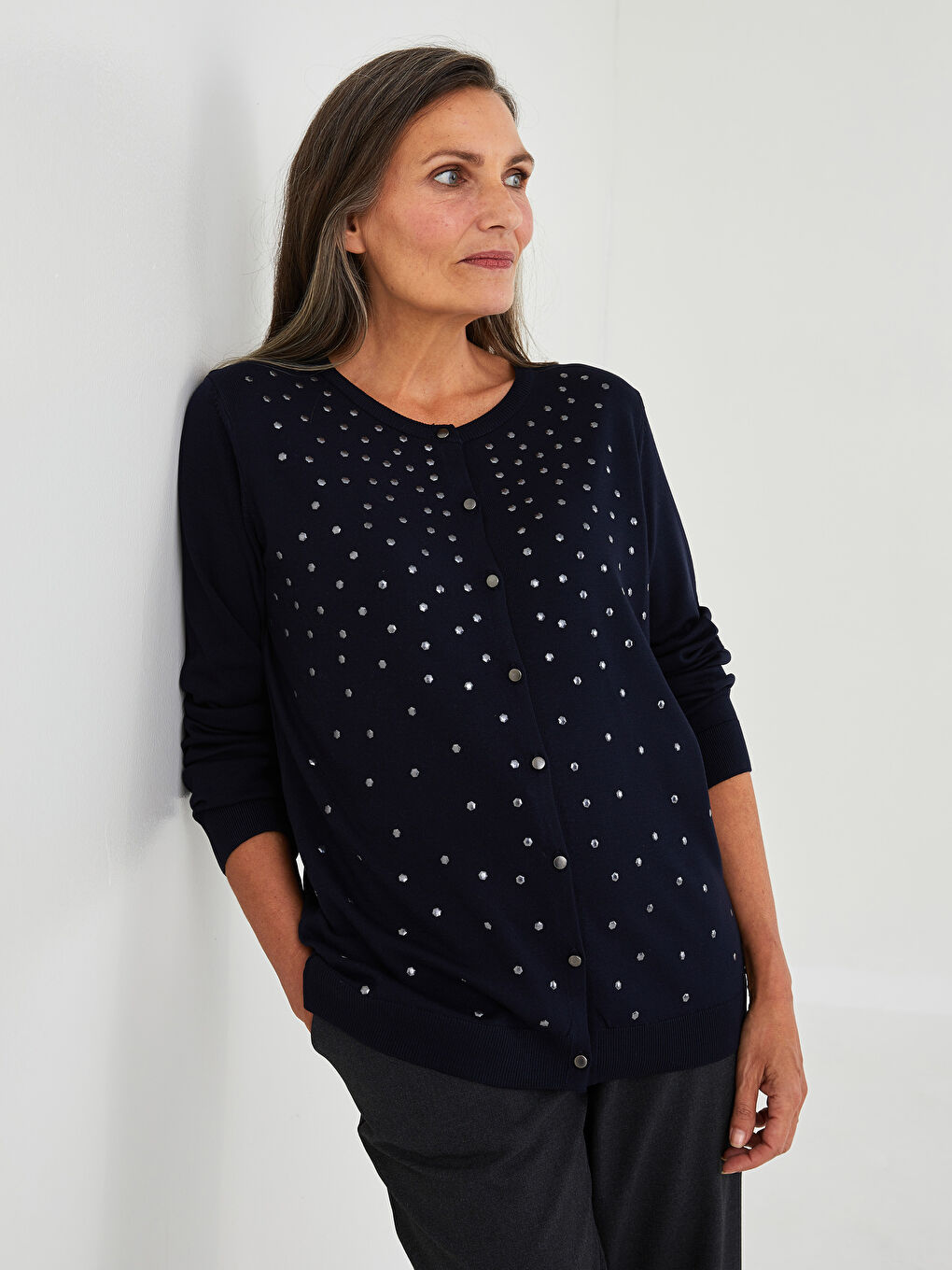 Crew Neck Rhinestone Embellished Women's Knitwear Cardigan