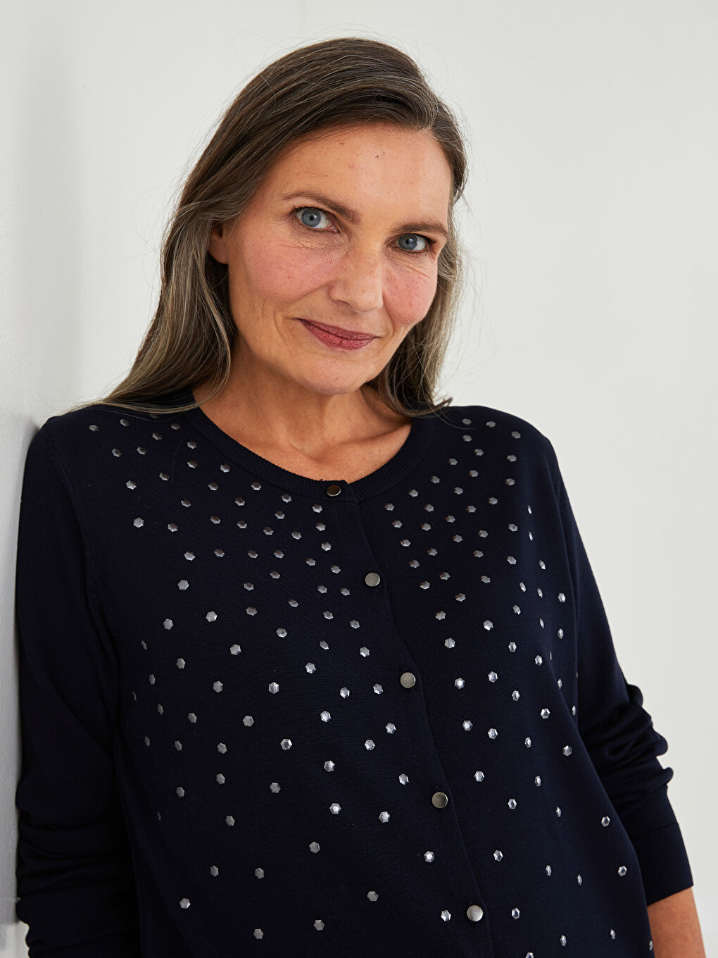 Crew Neck Rhinestone Embellished Women's Knitwear Cardigan-1