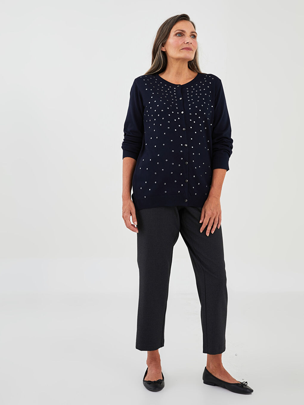 Crew Neck Rhinestone Embellished Women's Knitwear Cardigan-3