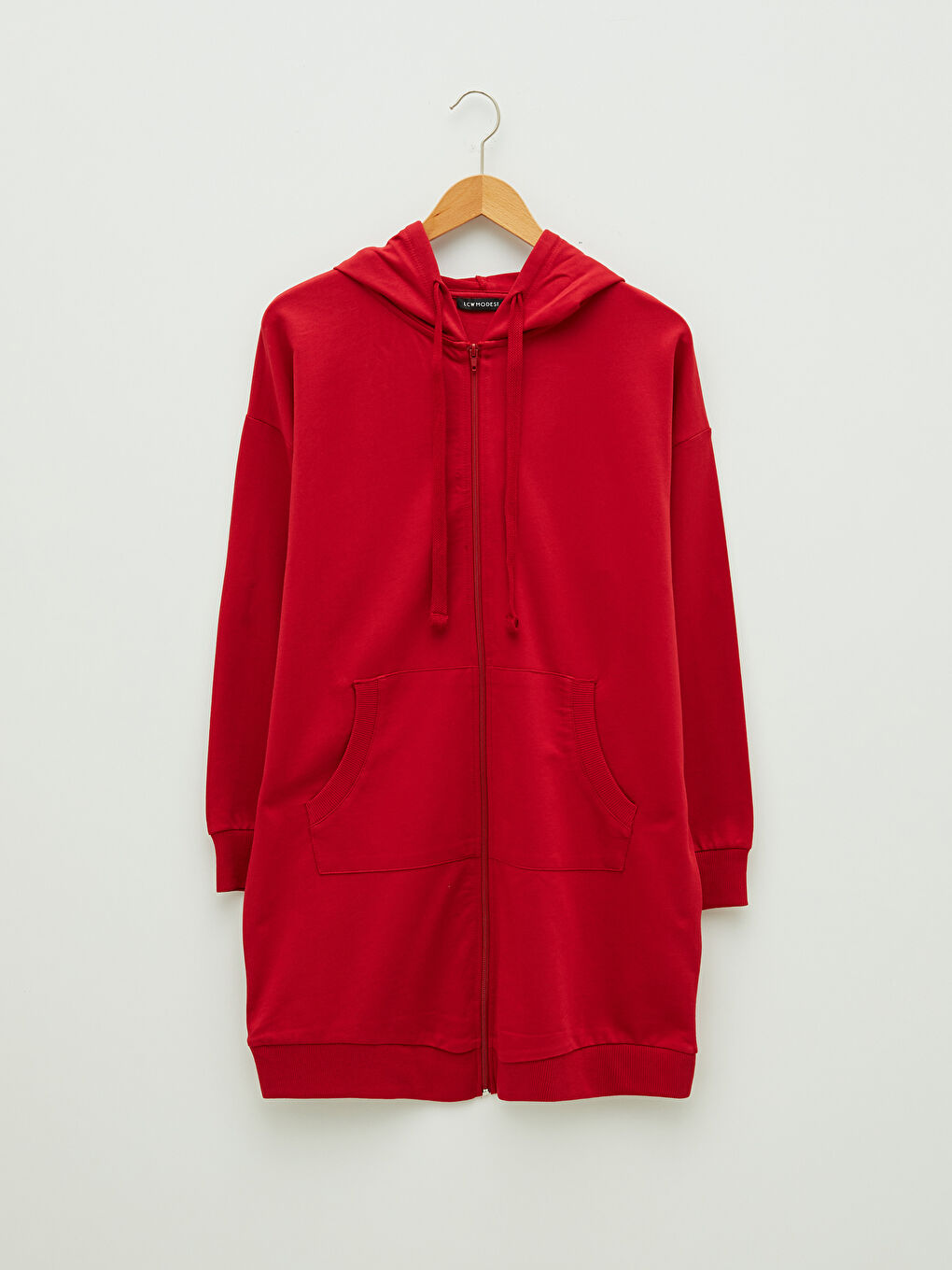 Kırmızı Kapüşonlu Düz Uzun Kollu Kadın Spor Hırka-5