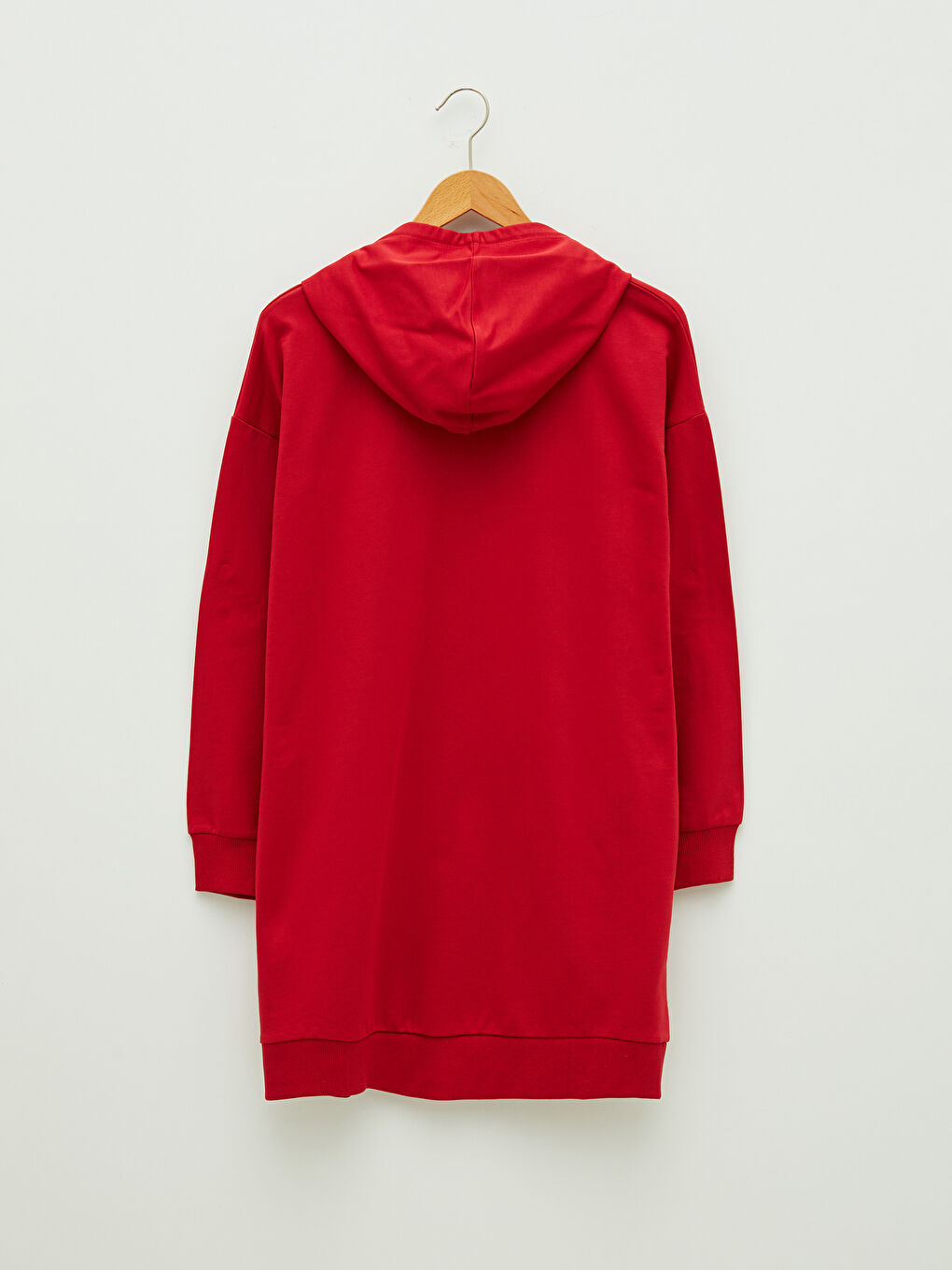 Kırmızı Kapüşonlu Düz Uzun Kollu Kadın Spor Hırka-6