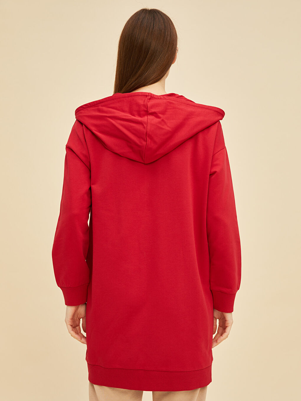 Kırmızı Kapüşonlu Düz Uzun Kollu Kadın Spor Hırka-4