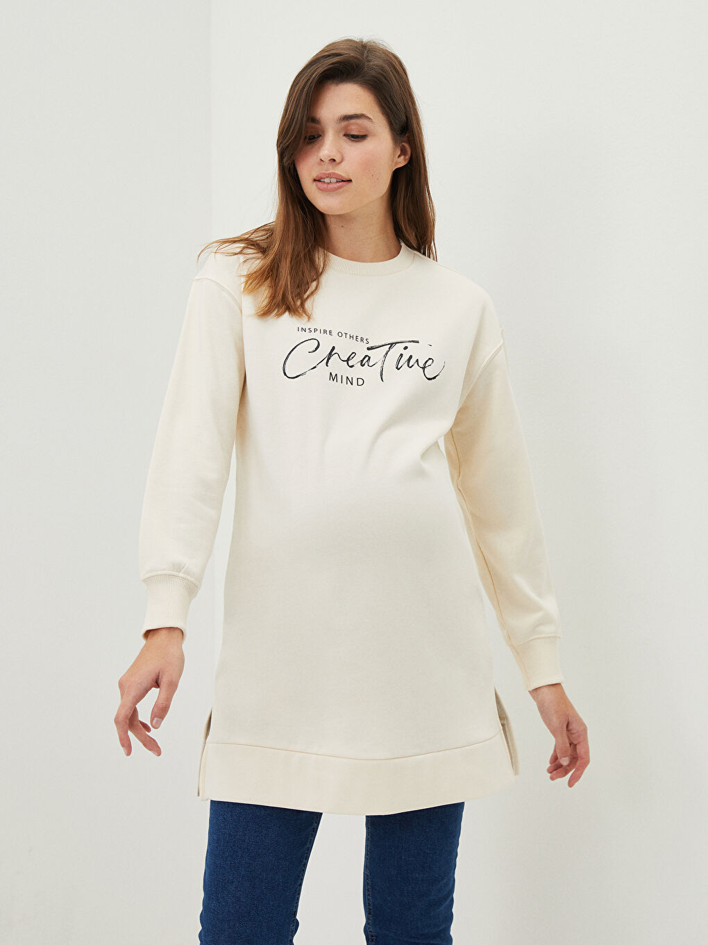 Bej Bisiklet Yaka Baskılı Uzun Kollu Hamile Sweatshirt Tunik