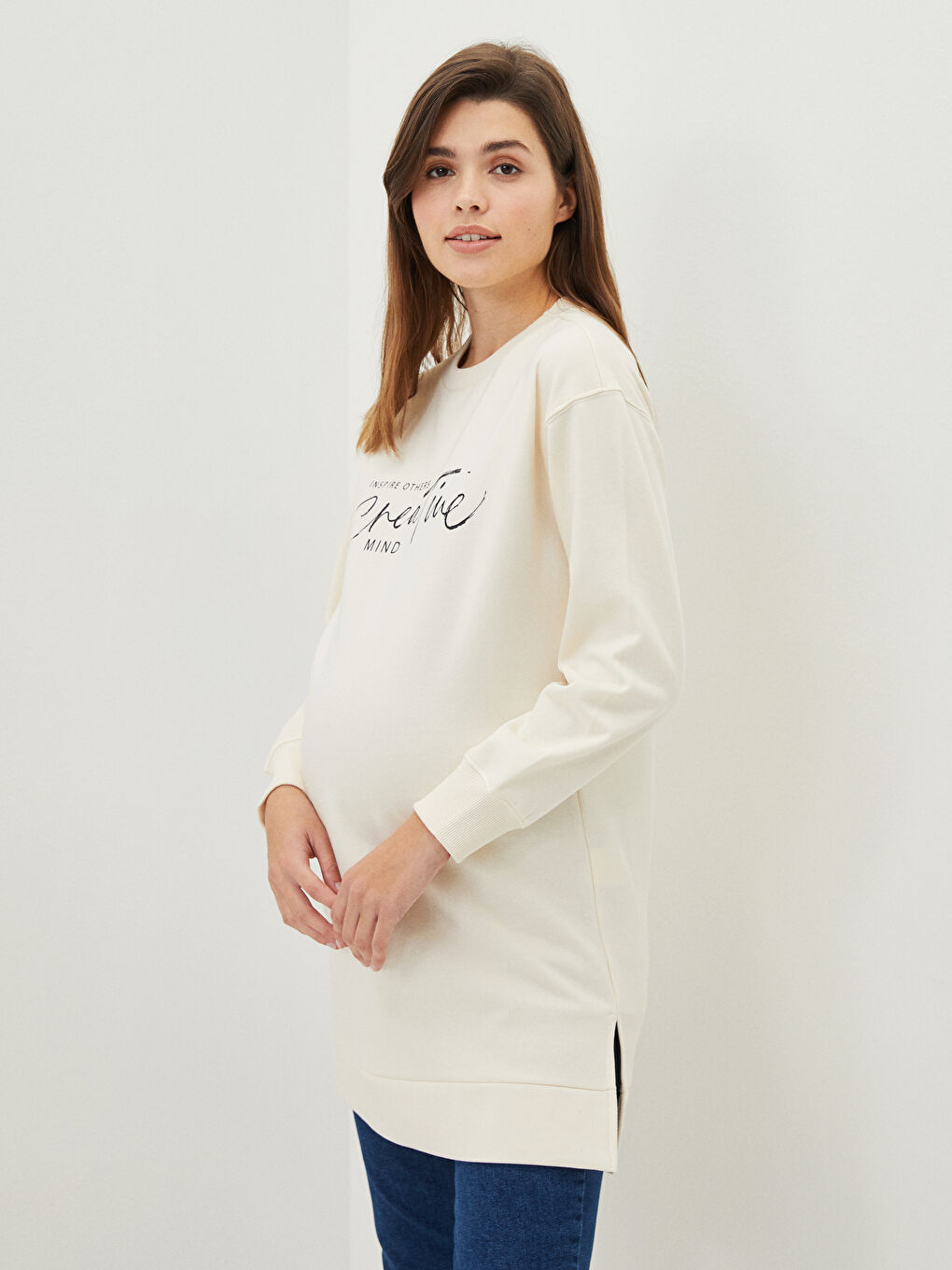 Bej Bisiklet Yaka Baskılı Uzun Kollu Hamile Sweatshirt Tunik-1