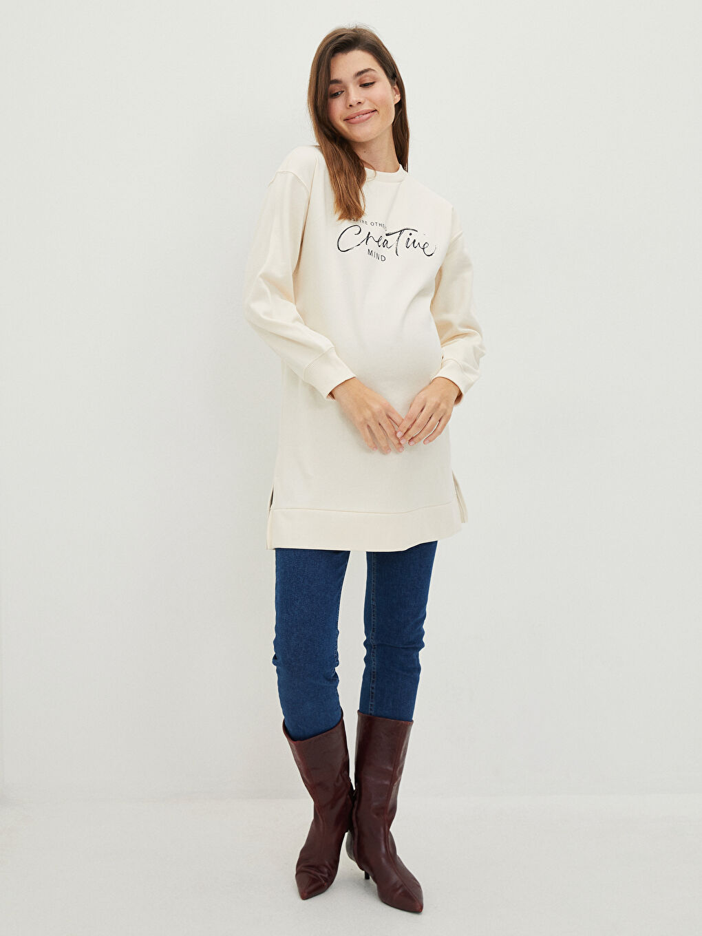 Bej Bisiklet Yaka Baskılı Uzun Kollu Hamile Sweatshirt Tunik-3