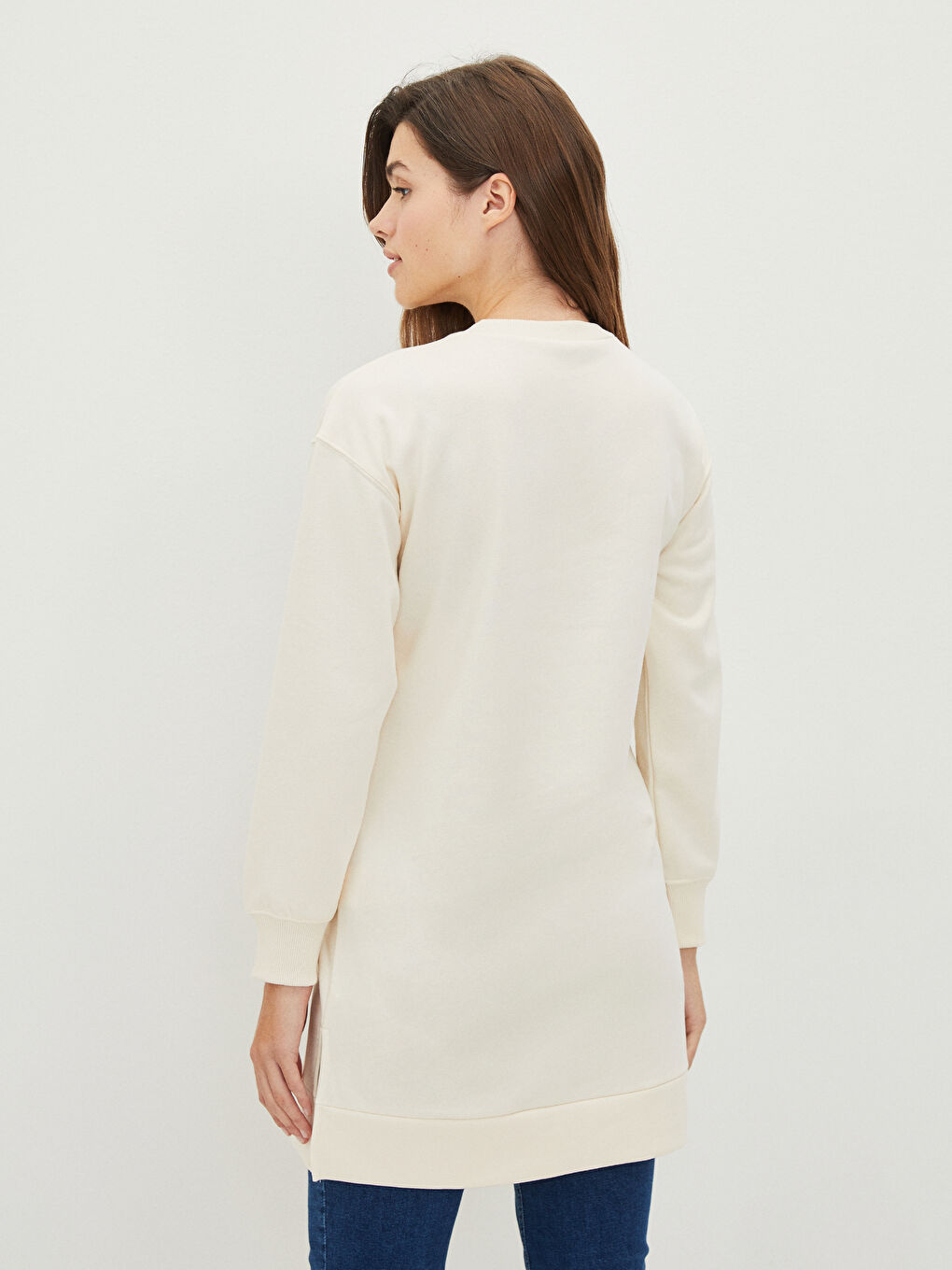 Bej Bisiklet Yaka Baskılı Uzun Kollu Hamile Sweatshirt Tunik-4