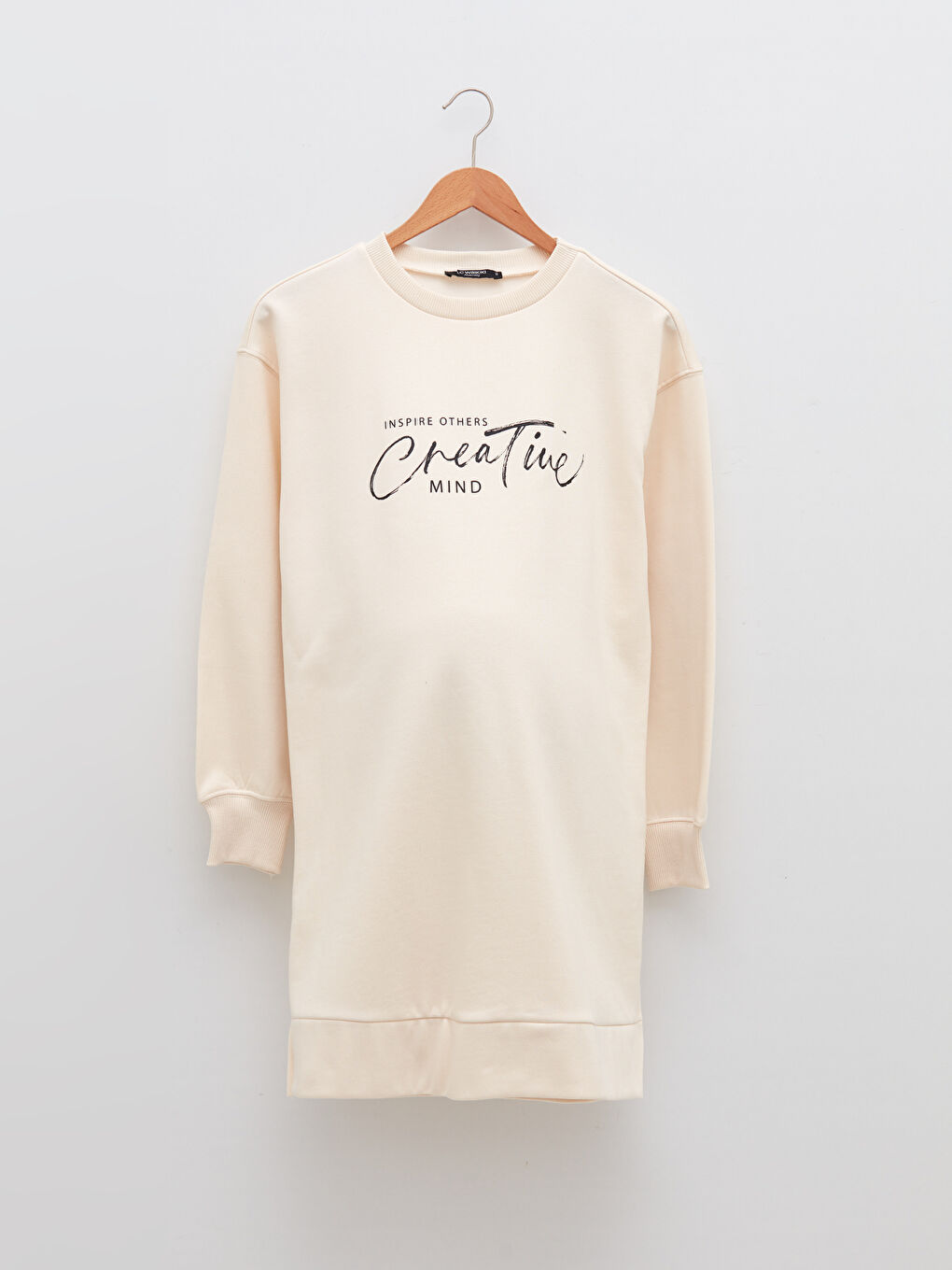 Bej Bisiklet Yaka Baskılı Uzun Kollu Hamile Sweatshirt Tunik-5