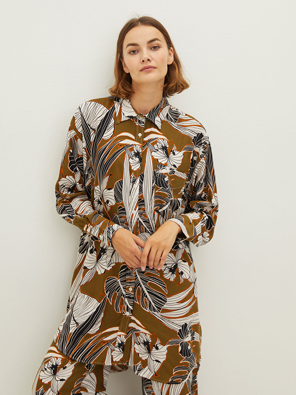 Tunique Chemise en Viscose à Manches Longues Imprimée pour Femmes-1