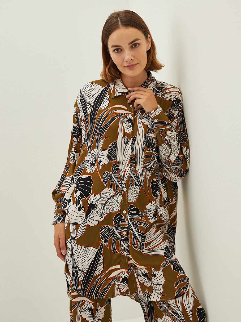 Tunique Chemise en Viscose à Manches Longues Imprimée pour Femmes-2