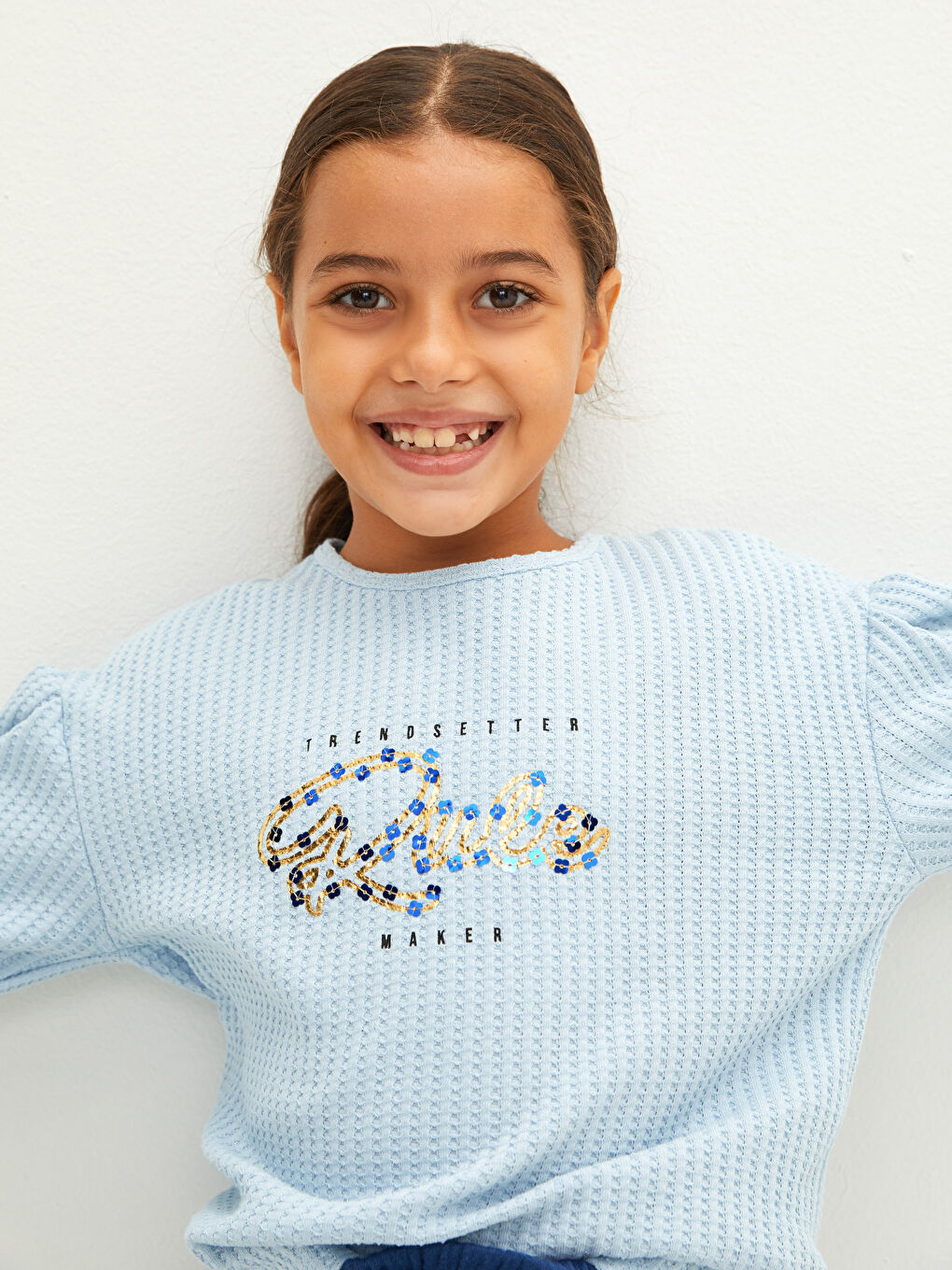 Crew Neck Printed Long Sleeve Cotton Girl T-shirt