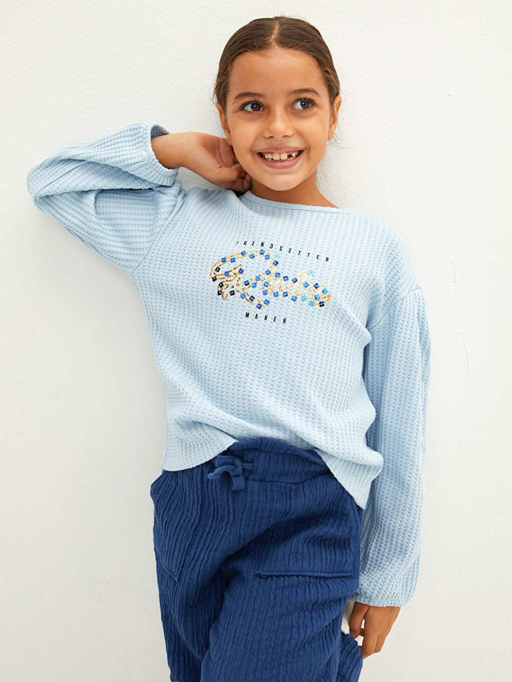 Crew Neck Printed Long Sleeve Cotton Girl T-shirt-1