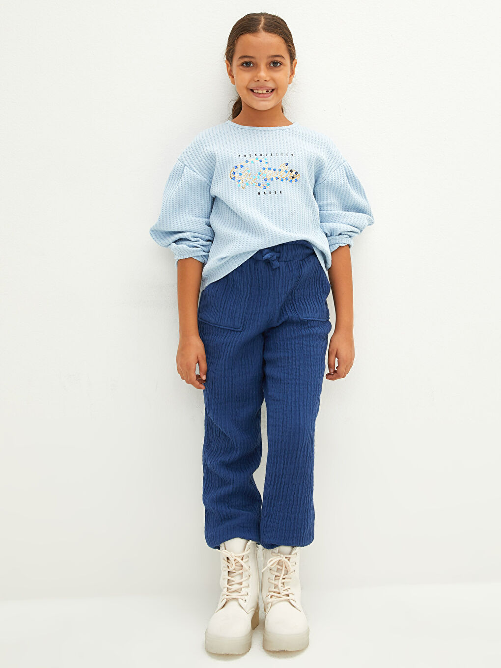 Crew Neck Printed Long Sleeve Cotton Girl T-shirt-2