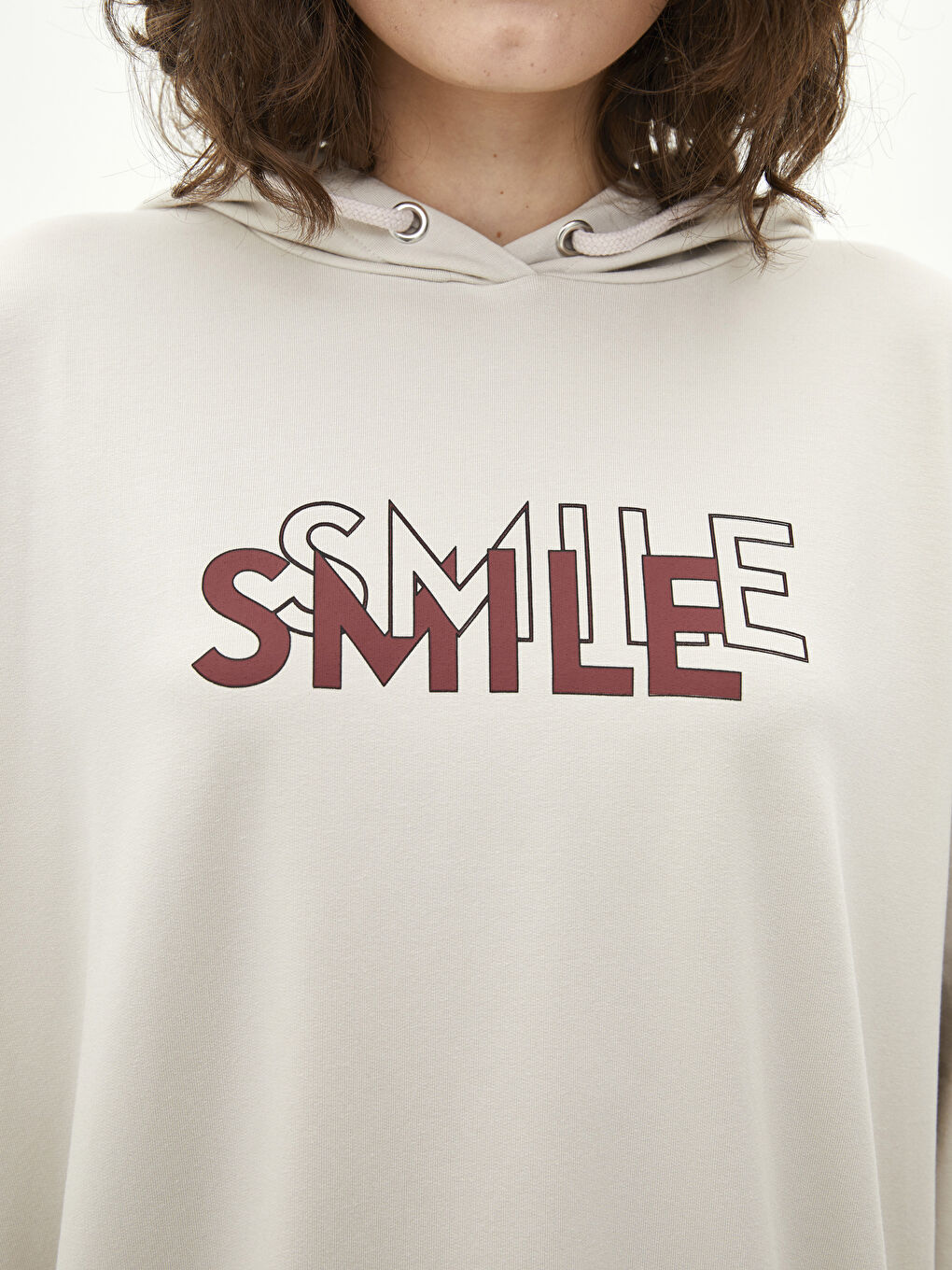 Bej Kapüşonlu Slogan Baskılı Uzun Kollu Kadın Pijama Üst-3