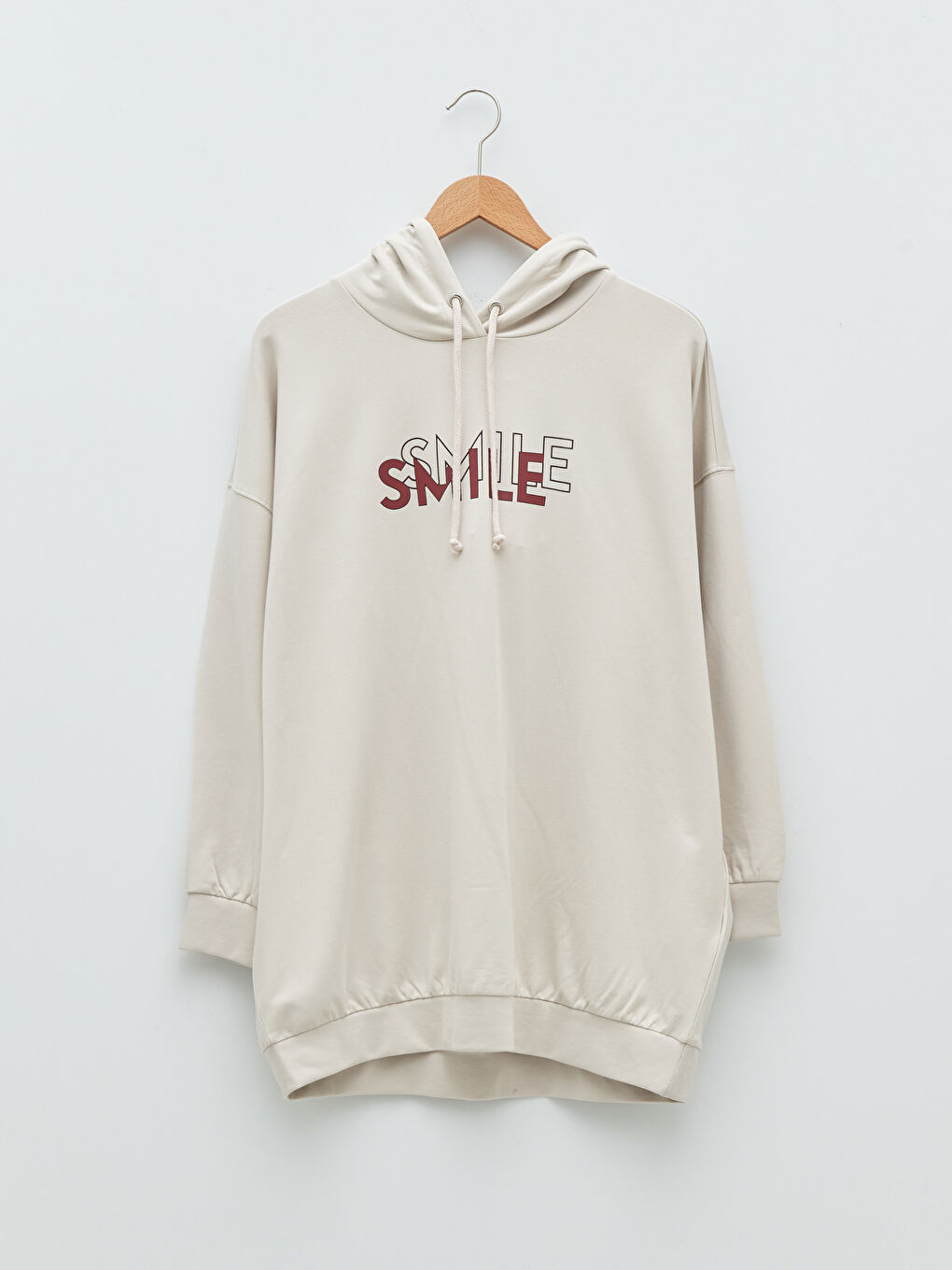 Bej Kapüşonlu Slogan Baskılı Uzun Kollu Kadın Pijama Üst-5