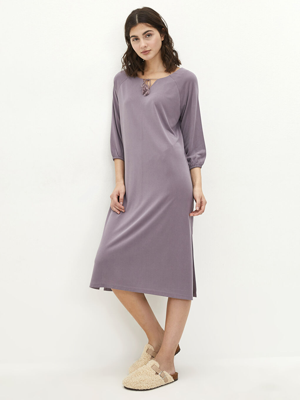 Mor Kadın Bağlamalı Yaka Düz Gecelik