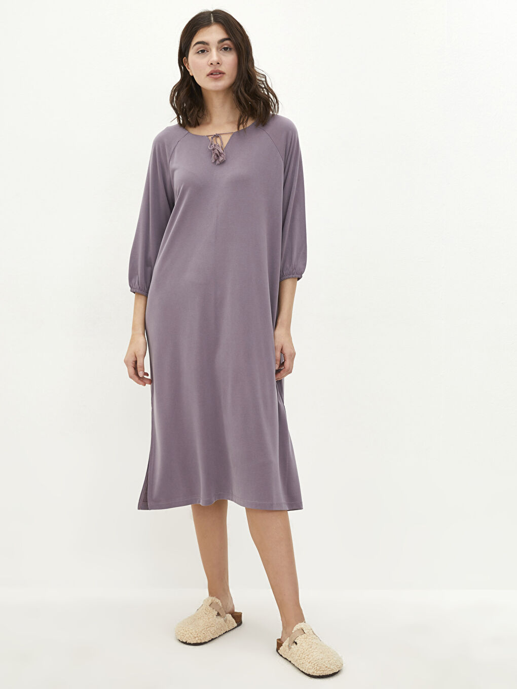 Mor Kadın Bağlamalı Yaka Düz Gecelik-1
