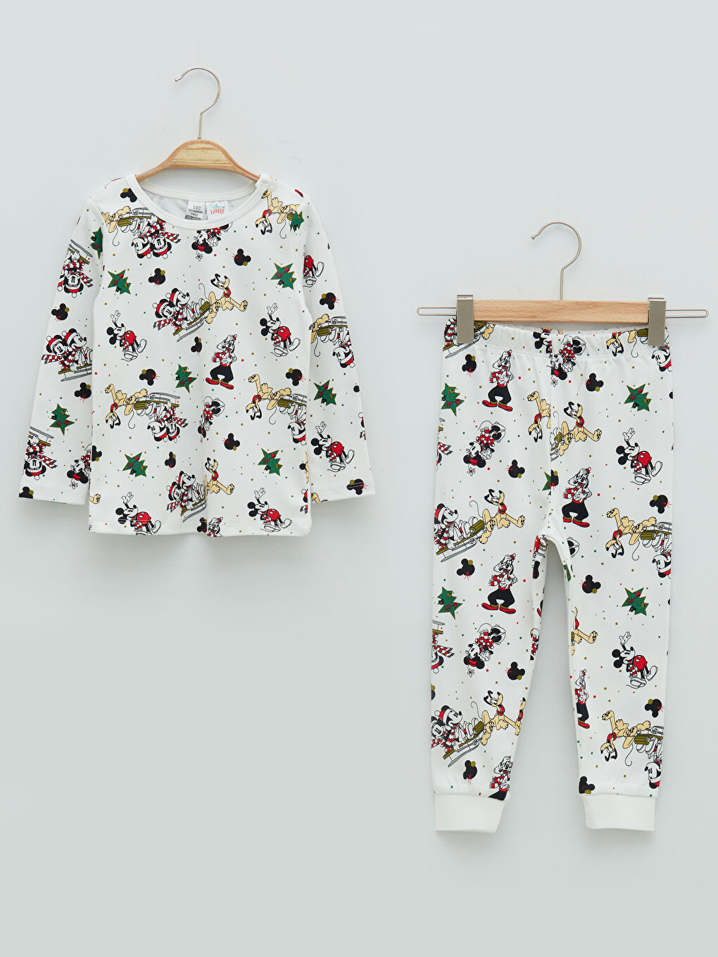 Ekru Bisiklet Yaka Uzun Kollu Pamuklu Disney Baskılı Erkek Bebek Pijama Takımı