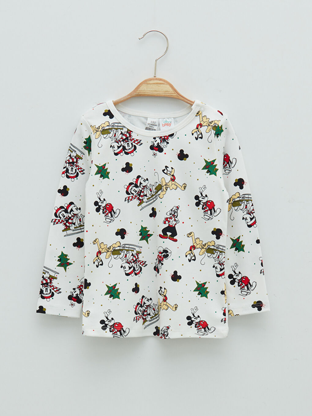 Ekru Bisiklet Yaka Uzun Kollu Pamuklu Disney Baskılı Erkek Bebek Pijama Takımı-1