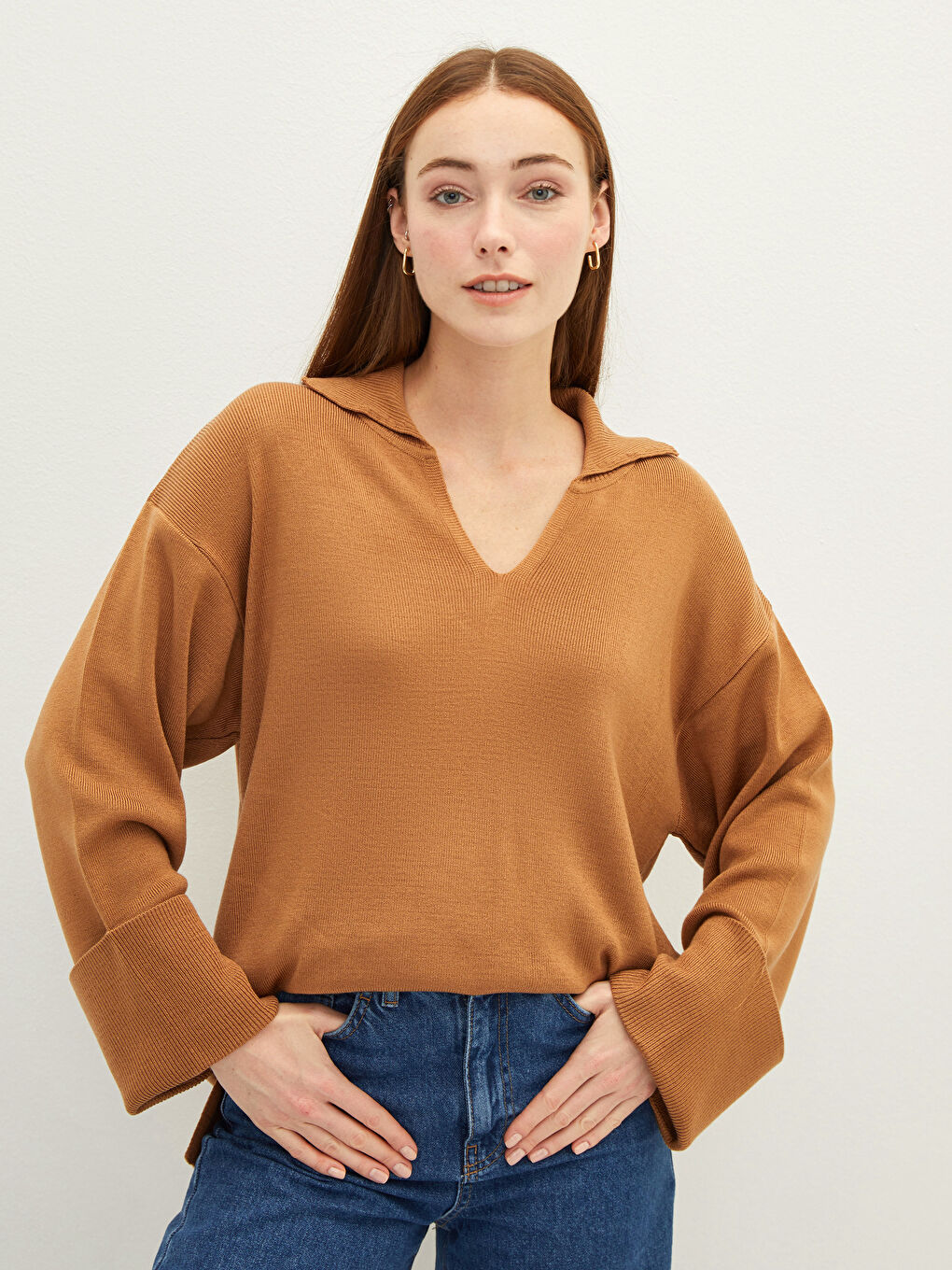 Kahverengi Polo Yaka Kadın Triko Kazak