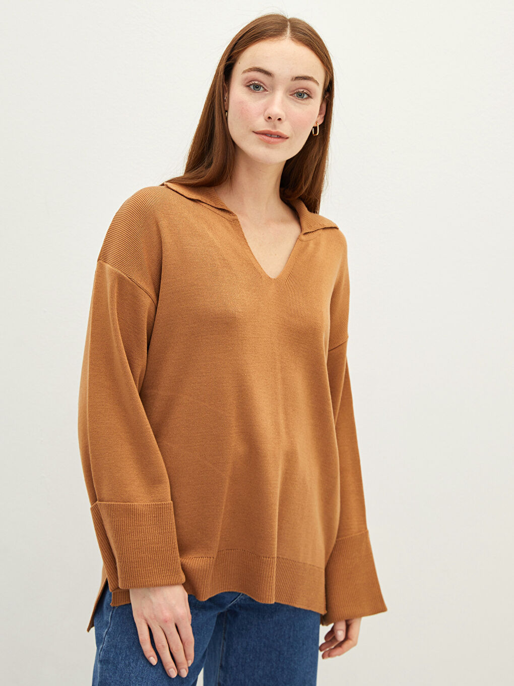 Kahverengi Polo Yaka Kadın Triko Kazak-1