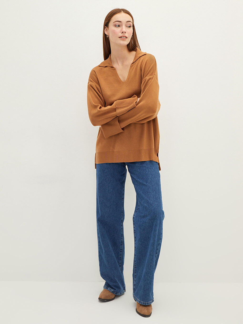 Kahverengi Polo Yaka Kadın Triko Kazak-3