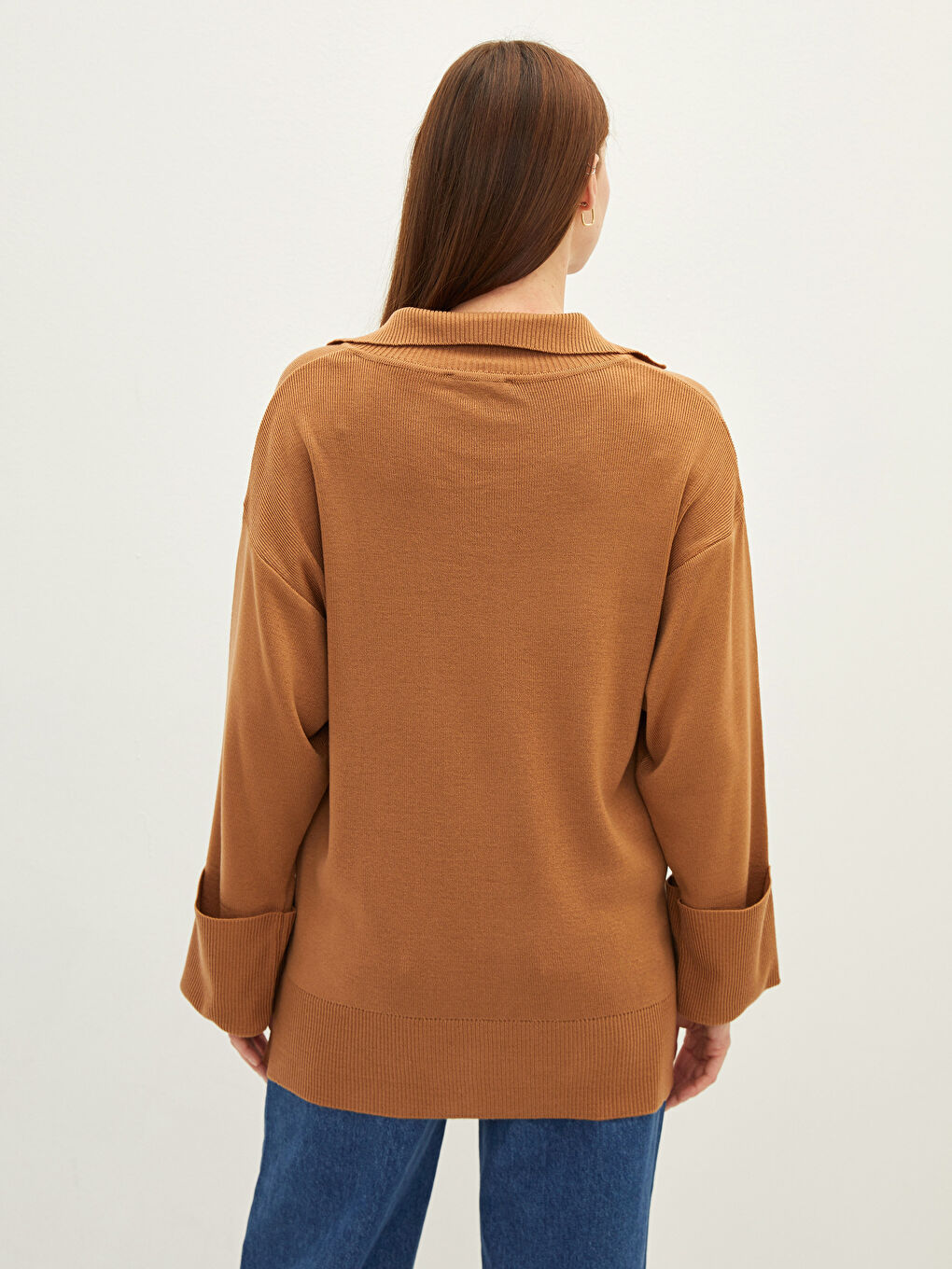 Kahverengi Polo Yaka Kadın Triko Kazak-4