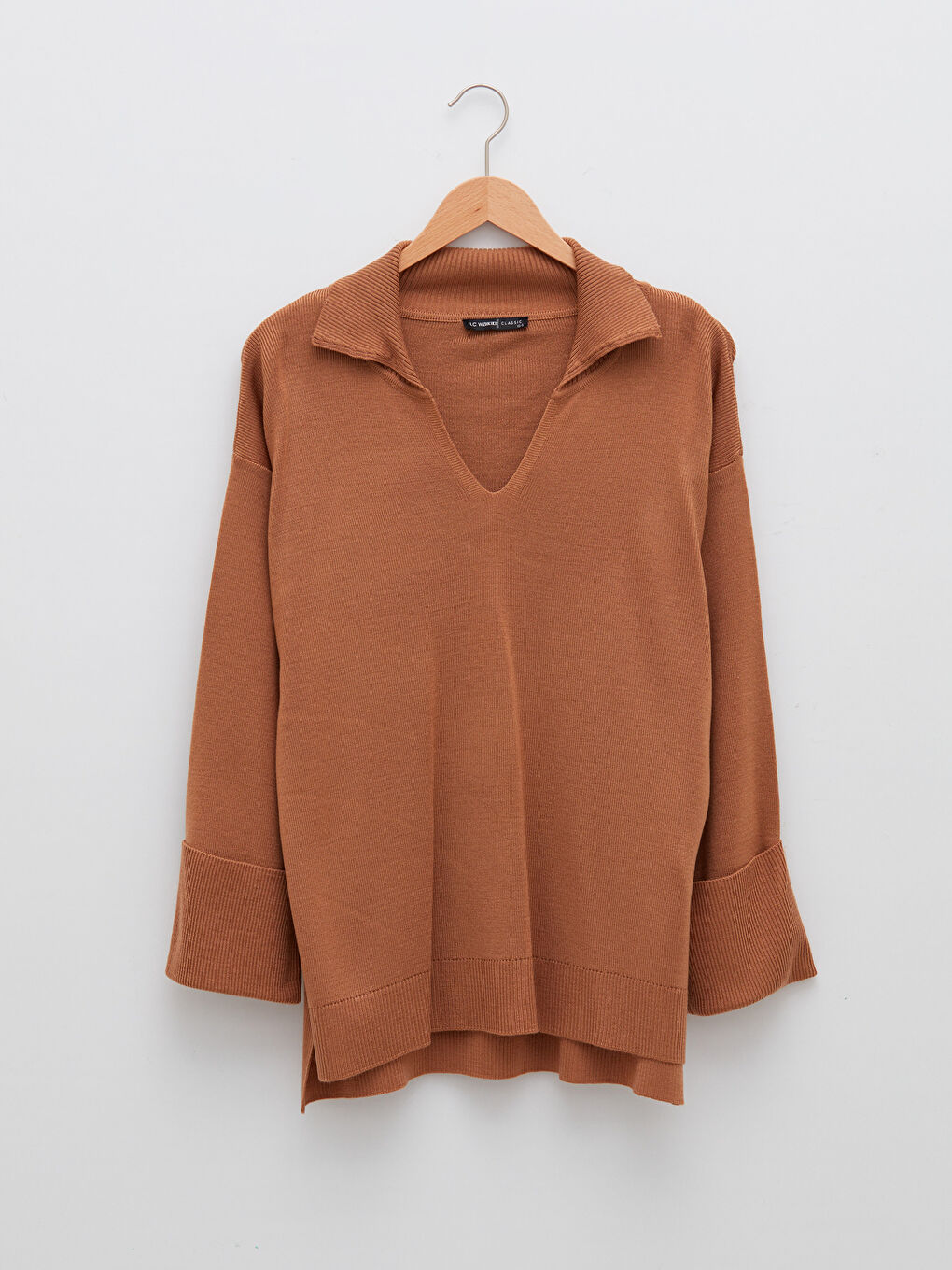 Kahverengi Polo Yaka Kadın Triko Kazak-5