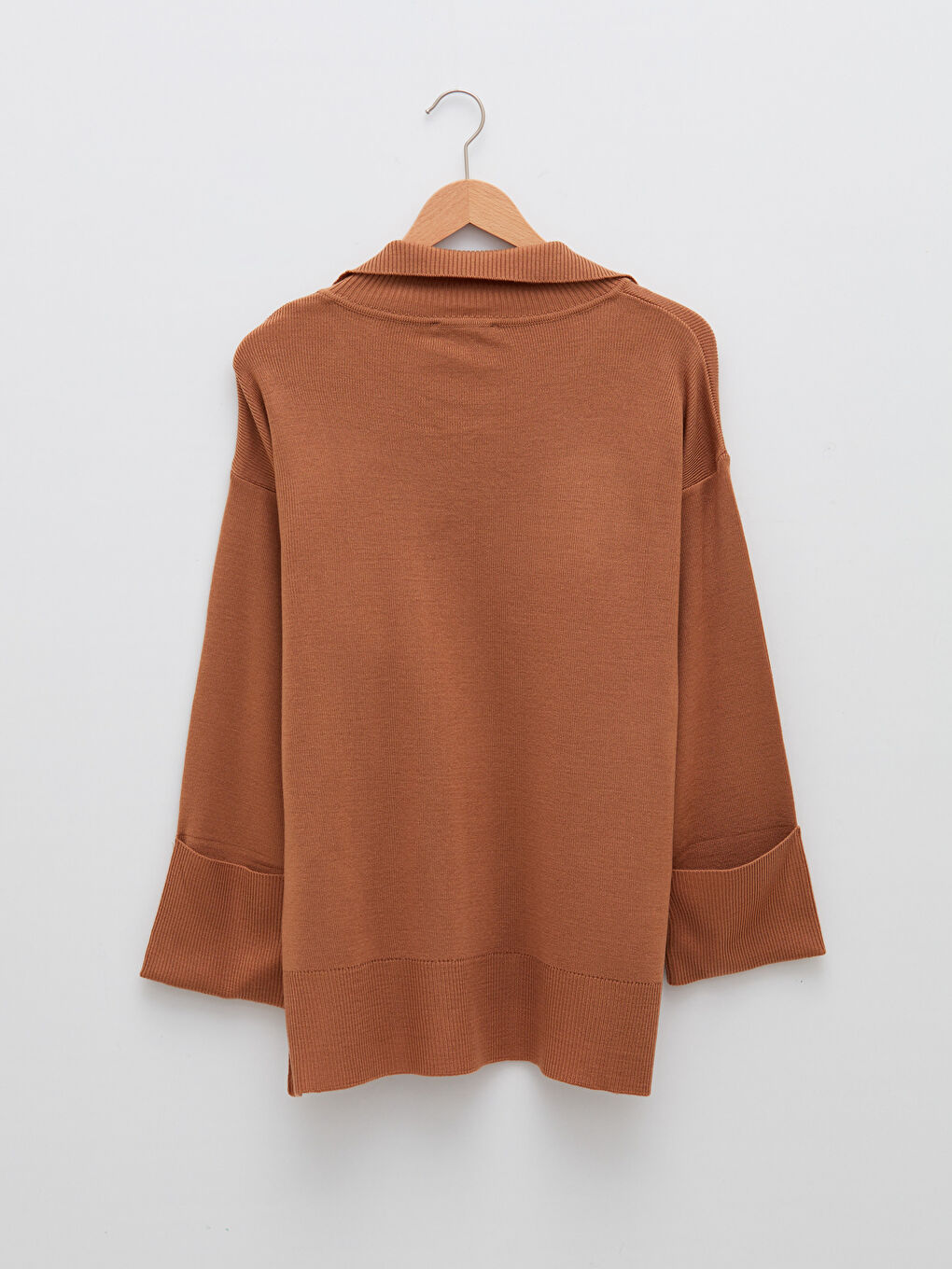 Kahverengi Polo Yaka Kadın Triko Kazak-6