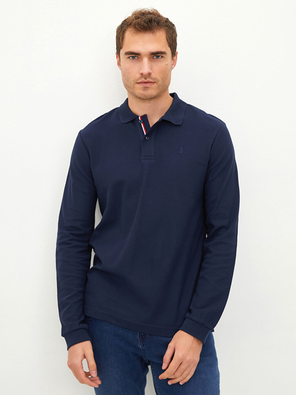 Lacivert Polo Yaka Uzun Kollu Erkek Tişört-1