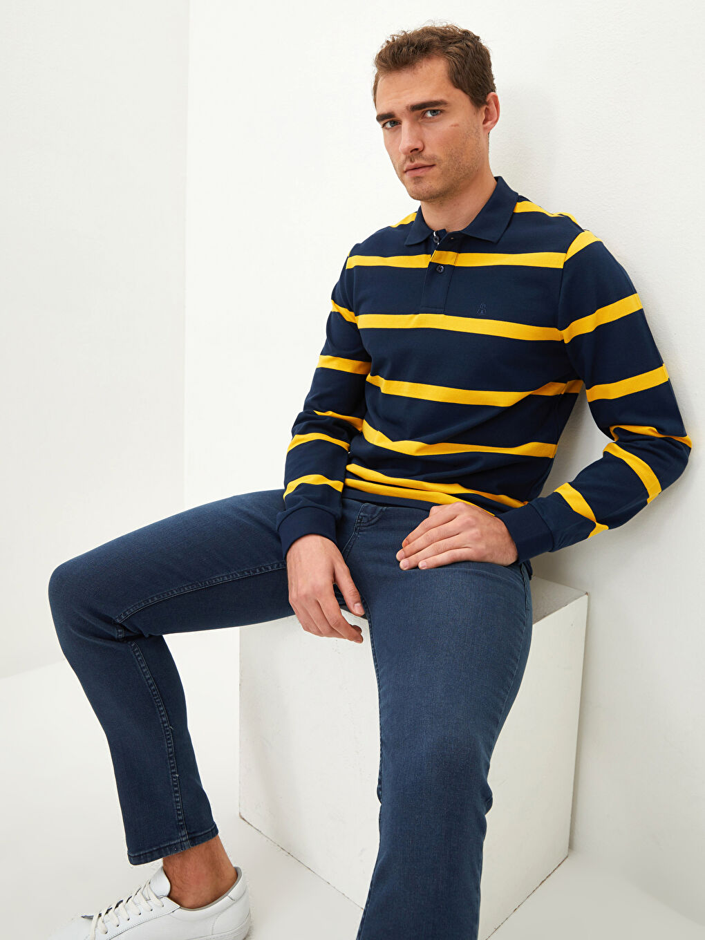 Hanorac cu Guler Polo, Mânecă Lungă, Vărgat, pentru Bărbați