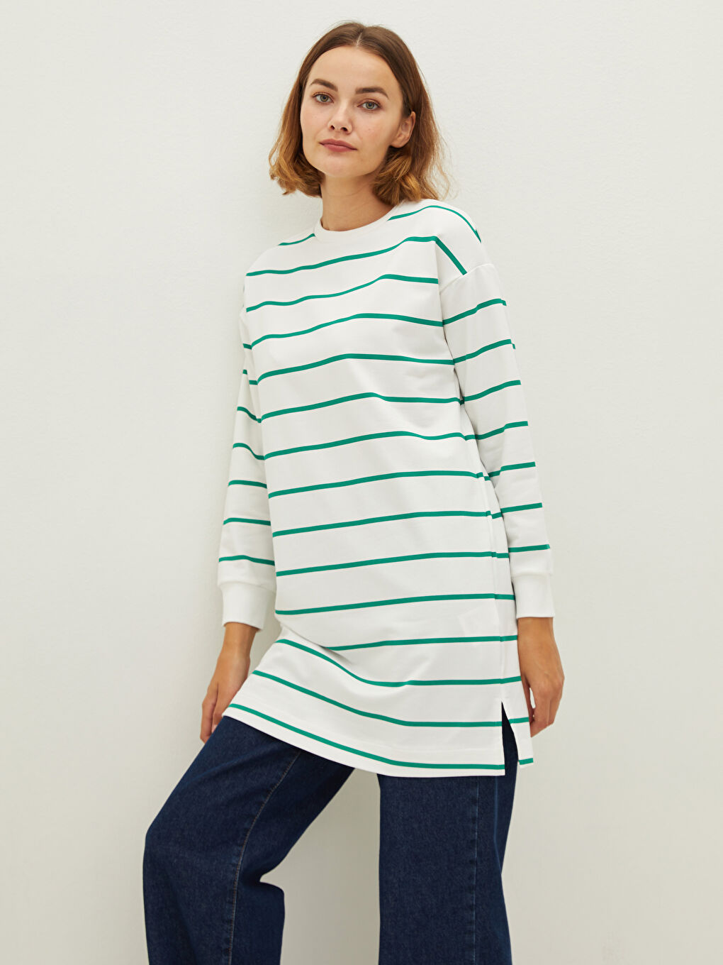 Yeşil Bisiklet Yaka Çizgili Uzun Kollu Kadın Sweatshirt Tunik