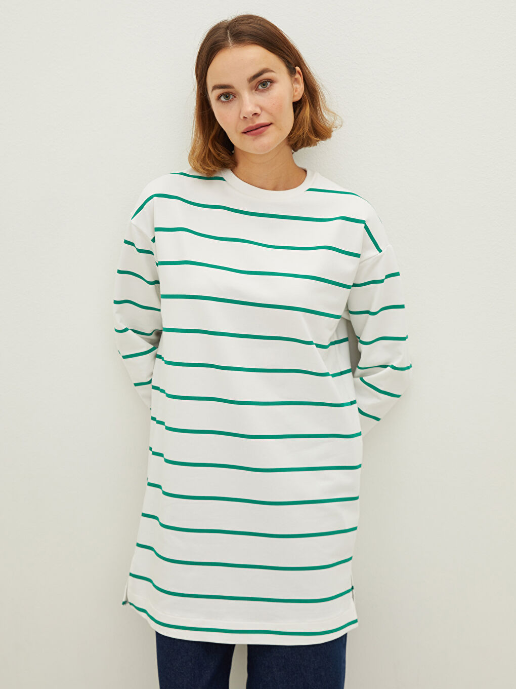 Yeşil Bisiklet Yaka Çizgili Uzun Kollu Kadın Sweatshirt Tunik-1