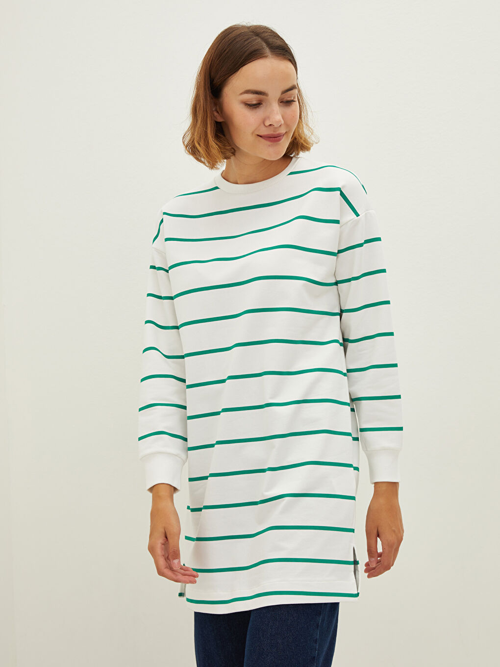 Yeşil Bisiklet Yaka Çizgili Uzun Kollu Kadın Sweatshirt Tunik-2