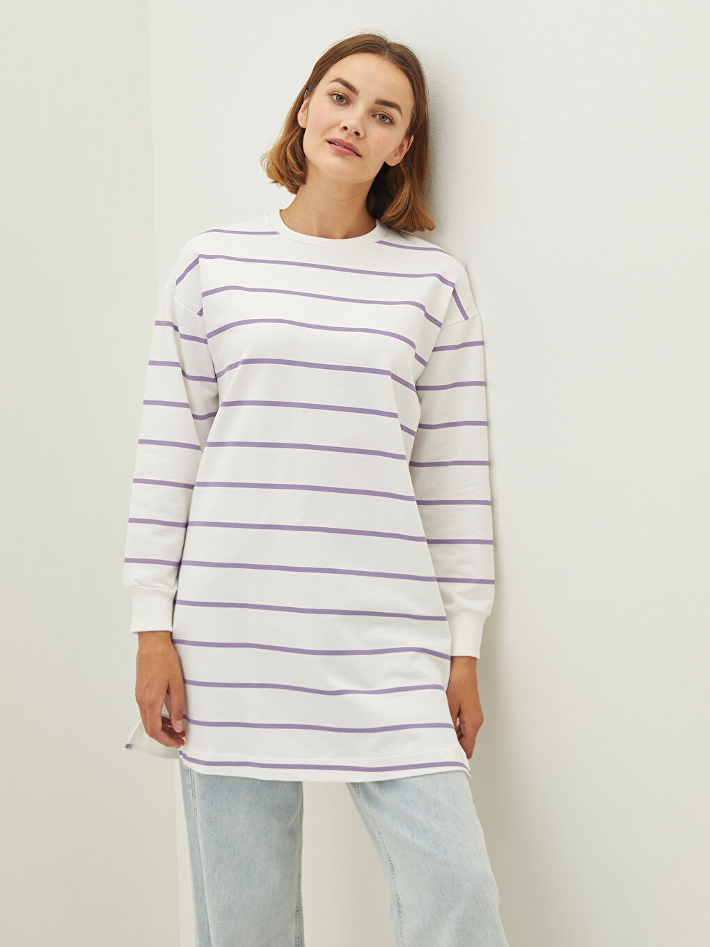 Lila Bisiklet Yaka Çizgili Uzun Kollu Kadın Sweatshirt Tunik-1