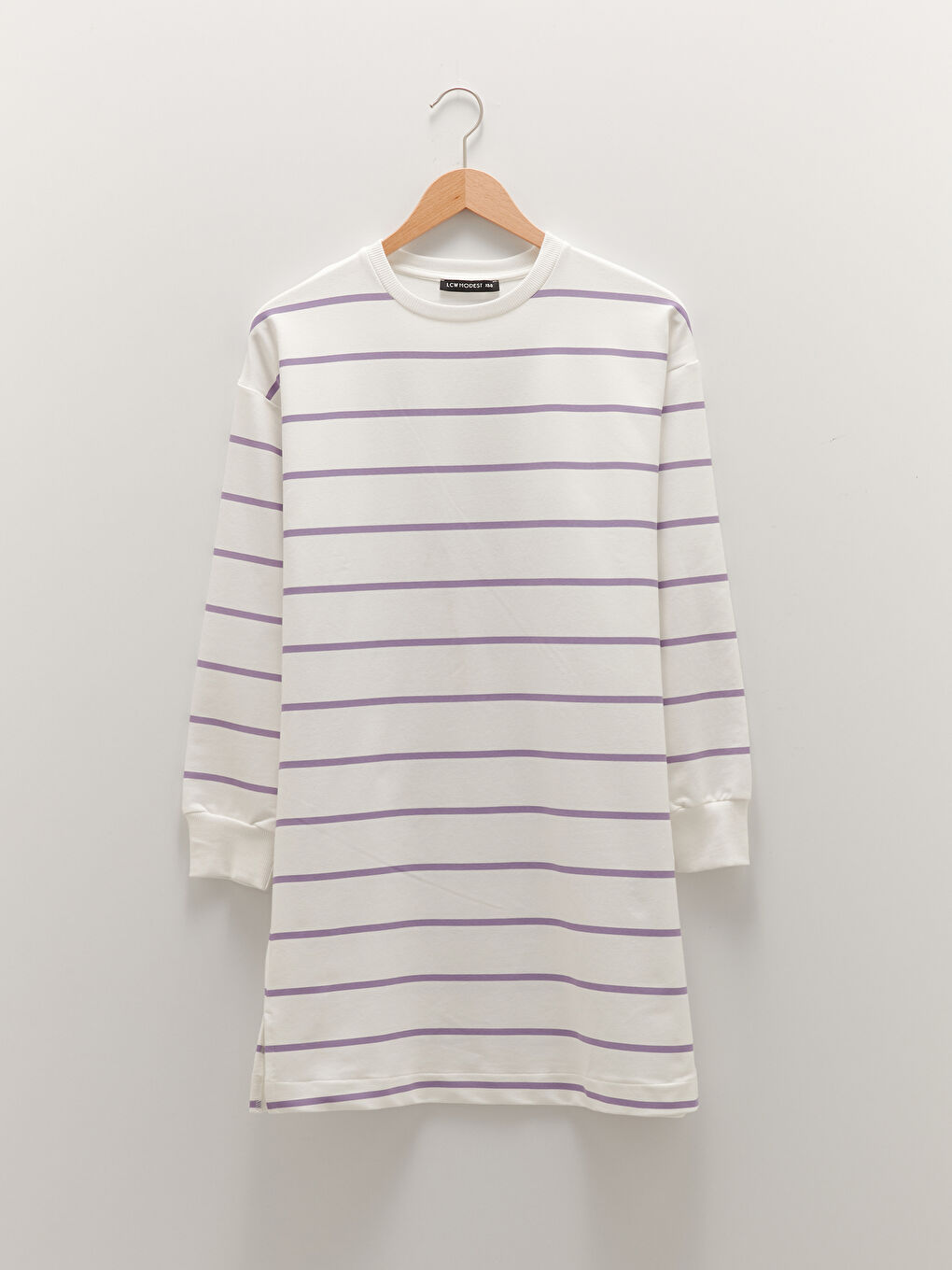 Lila Bisiklet Yaka Çizgili Uzun Kollu Kadın Sweatshirt Tunik-5