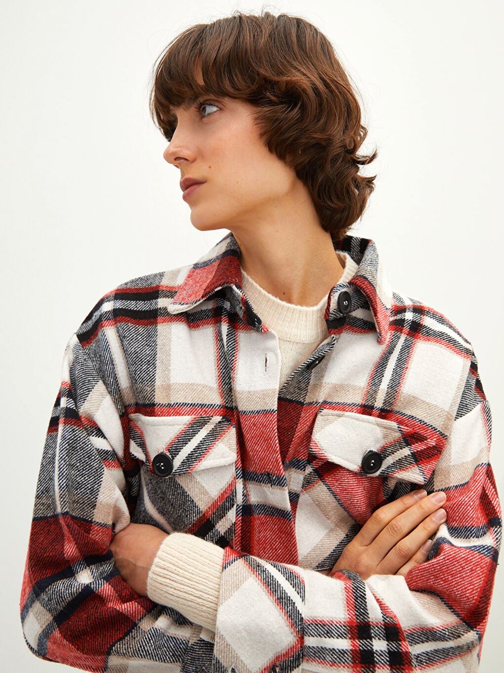 Front Button Closure Plaid Pocket Detailed Women's Shirt Jacket -W1HJ40Z8-LPA