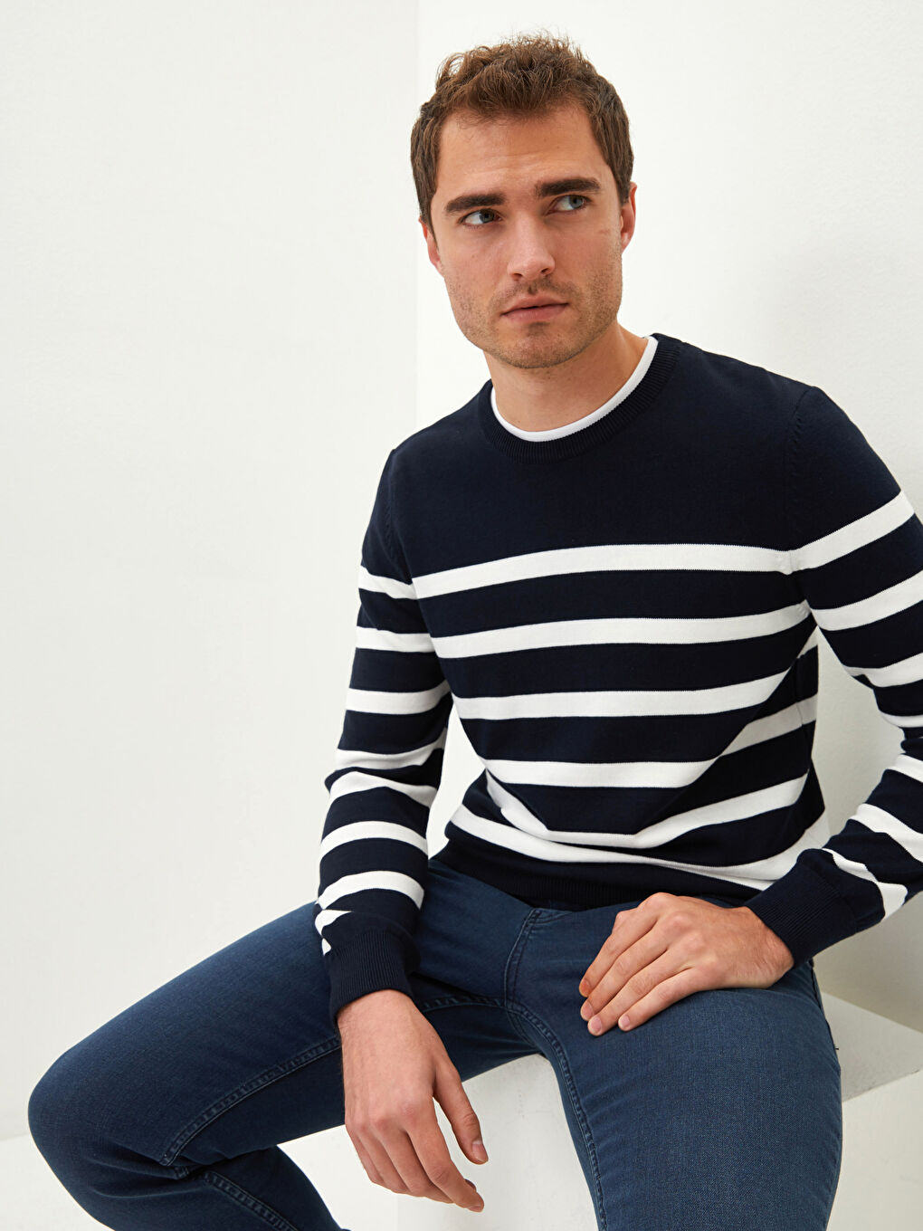 Crew Neck Striped Long Sleeve Men's Knitwear Sweater