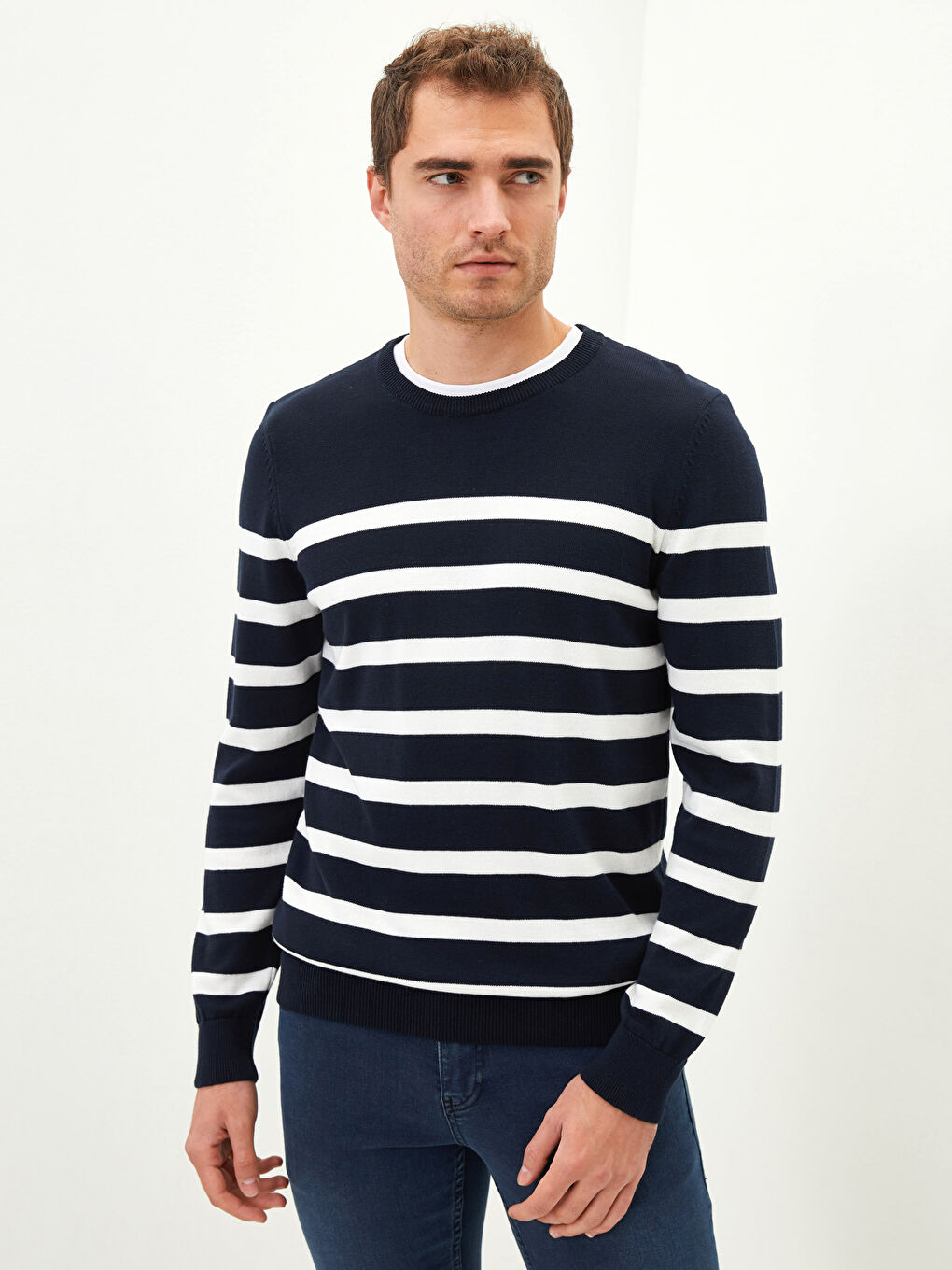 Crew Neck Striped Long Sleeve Men's Knitwear Sweater-1