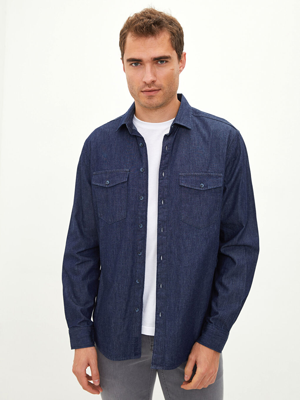 İndigo Regular Fit Uzun Kollu Erkek Jean Gömlek-1