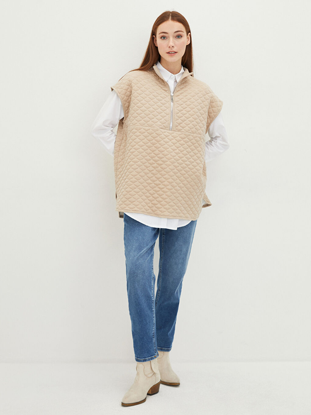 Bej Bisiklet Yaka Kapitone Desenli Kadın Yelek-4