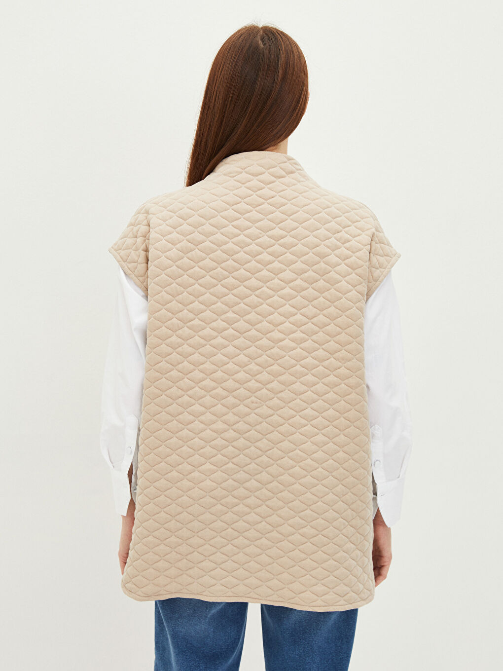 Bej Bisiklet Yaka Kapitone Desenli Kadın Yelek-5