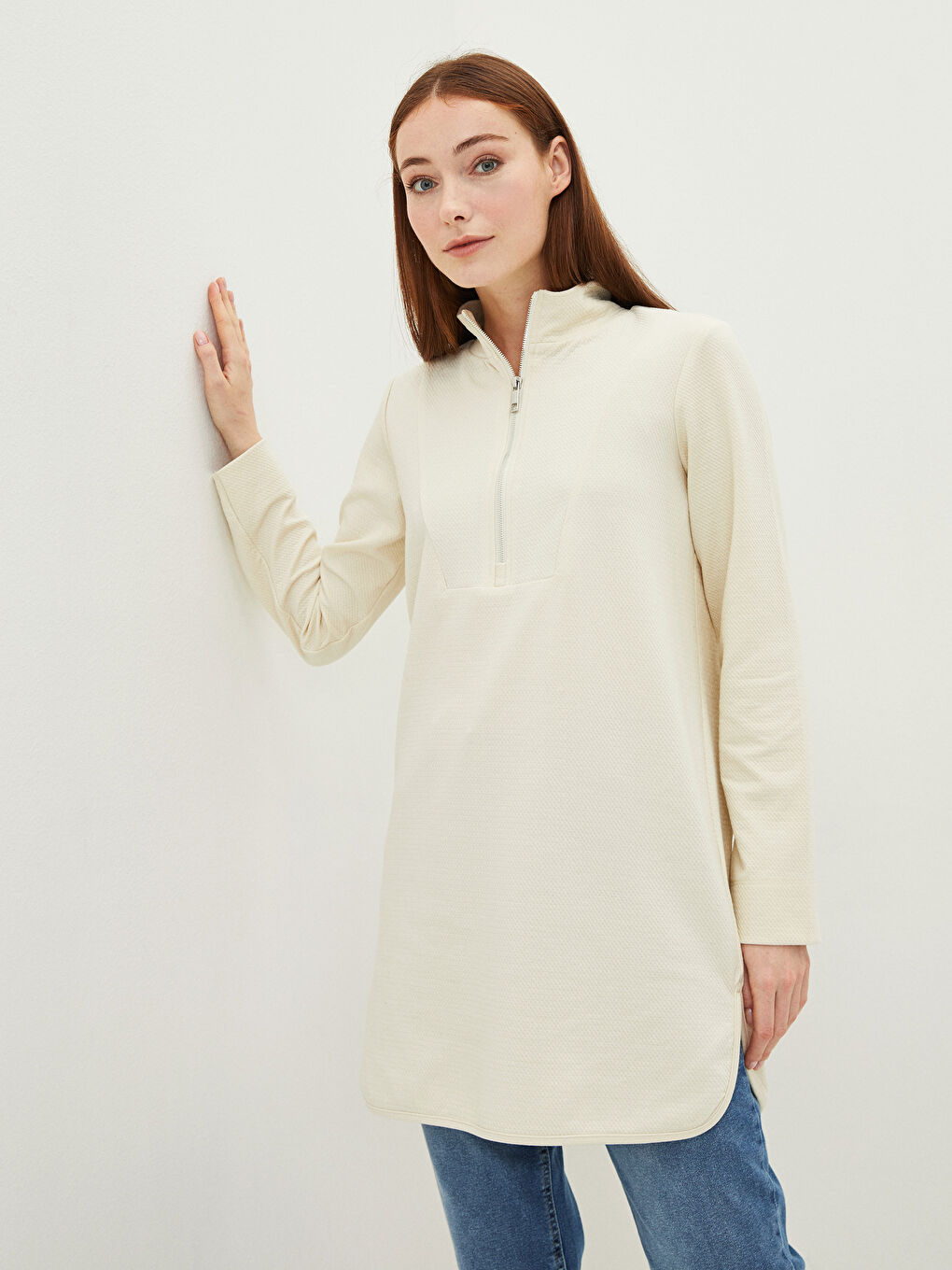 Bej Yarım Balıkçı Yaka Düz Uzun Kollu Kadın Tunik